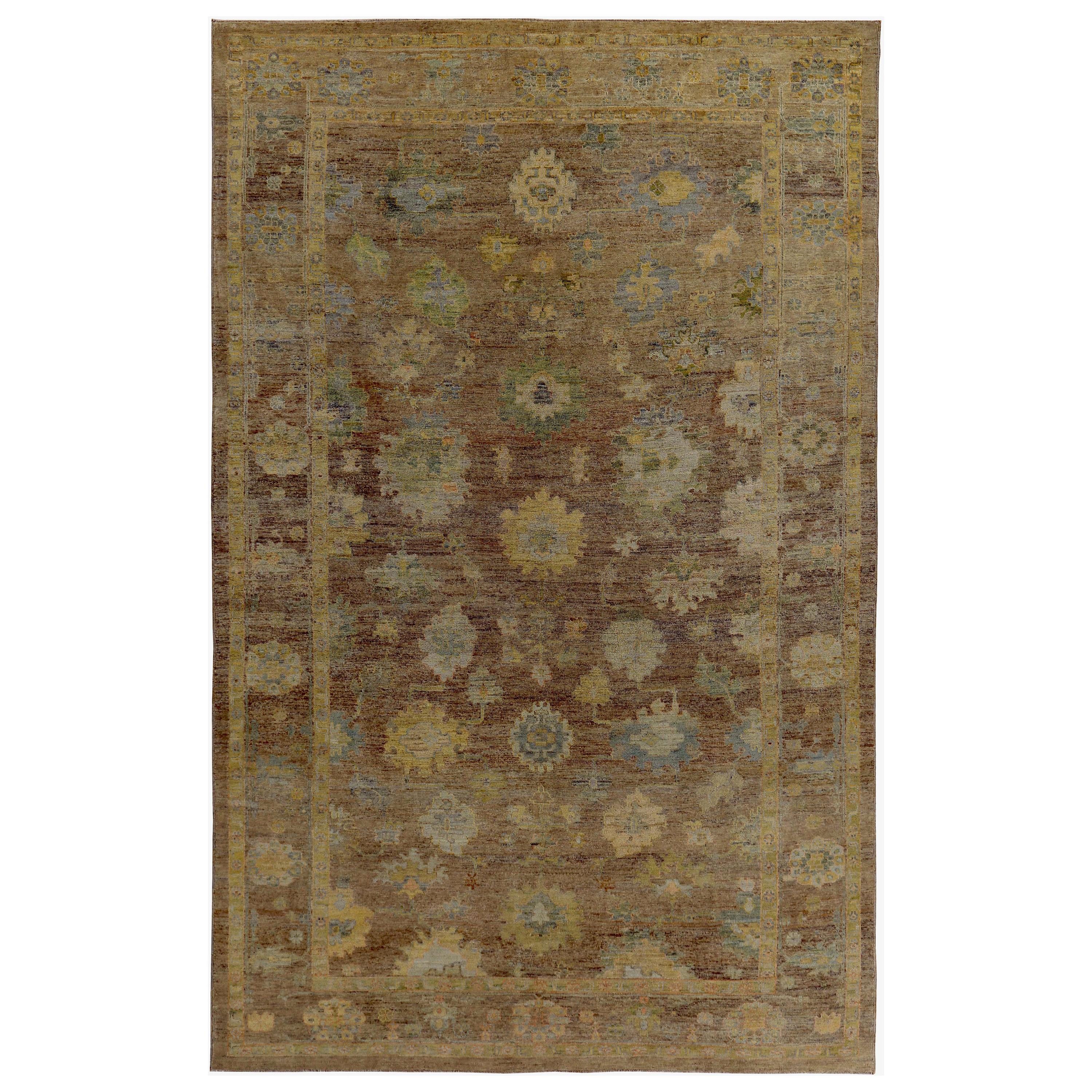 Turkish Oushak Rug with Yellow, Green and Blue Flower Heads on Brown Field