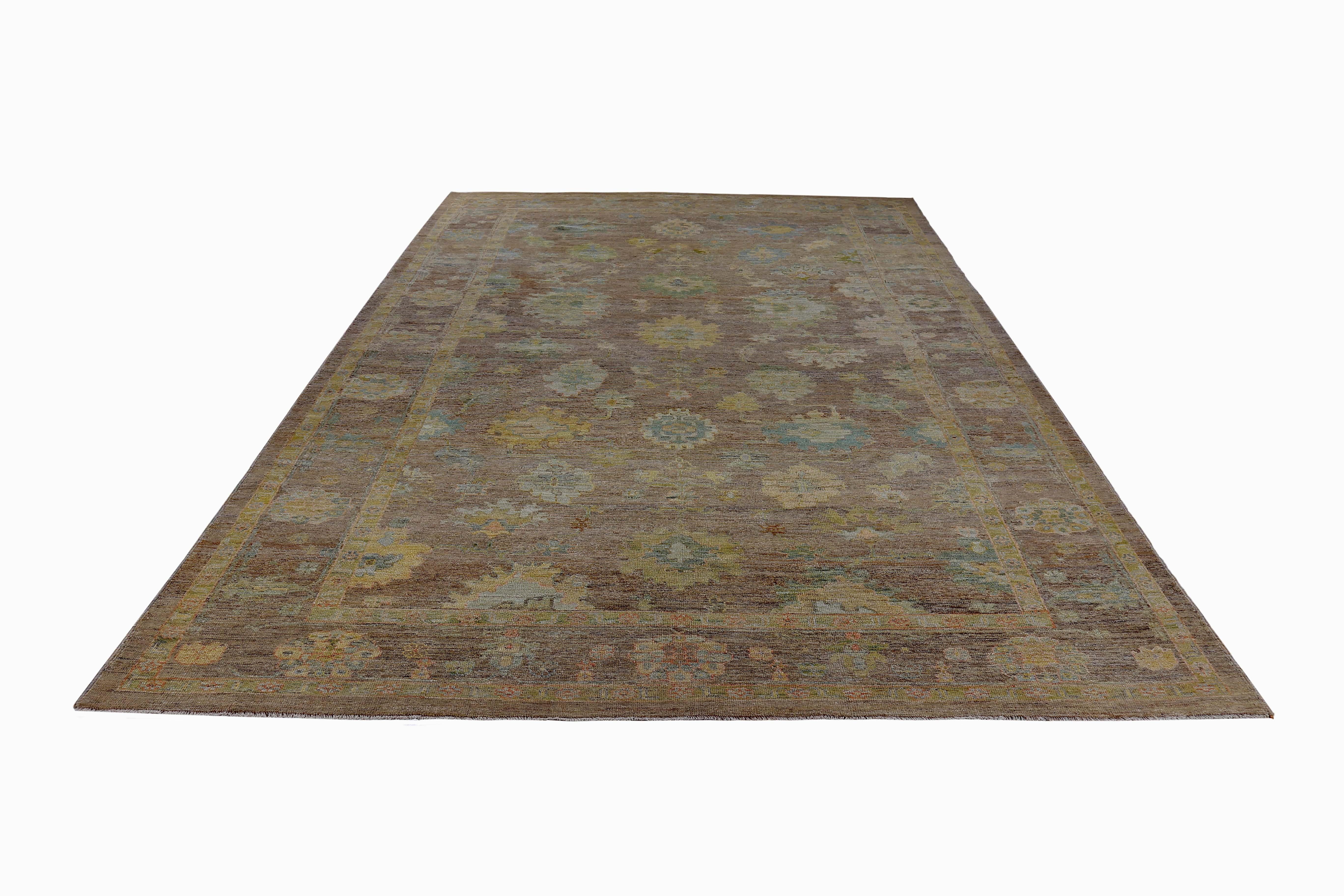 Turkish rug made of handwoven sheep’s wool of the finest quality. It’s colored with organic vegetable dyes that are certified safe for humans and pets alike. It features yellow, green and blue flower heads on a beautiful yellow field. Flower