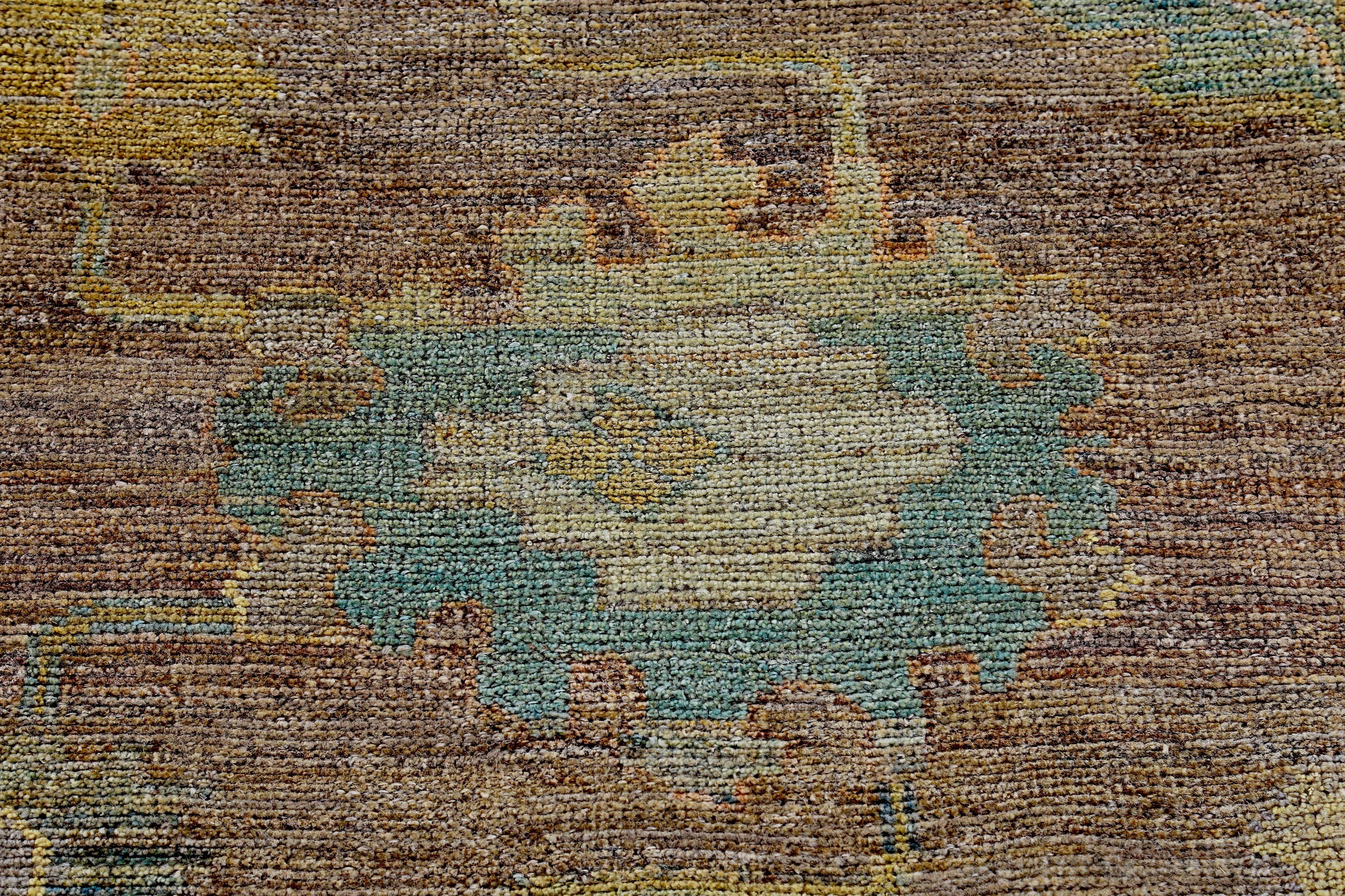 Hand-Woven Turkish Oushak Rug with Yellow, Green and Blue Flower Heads on Brown Field For Sale