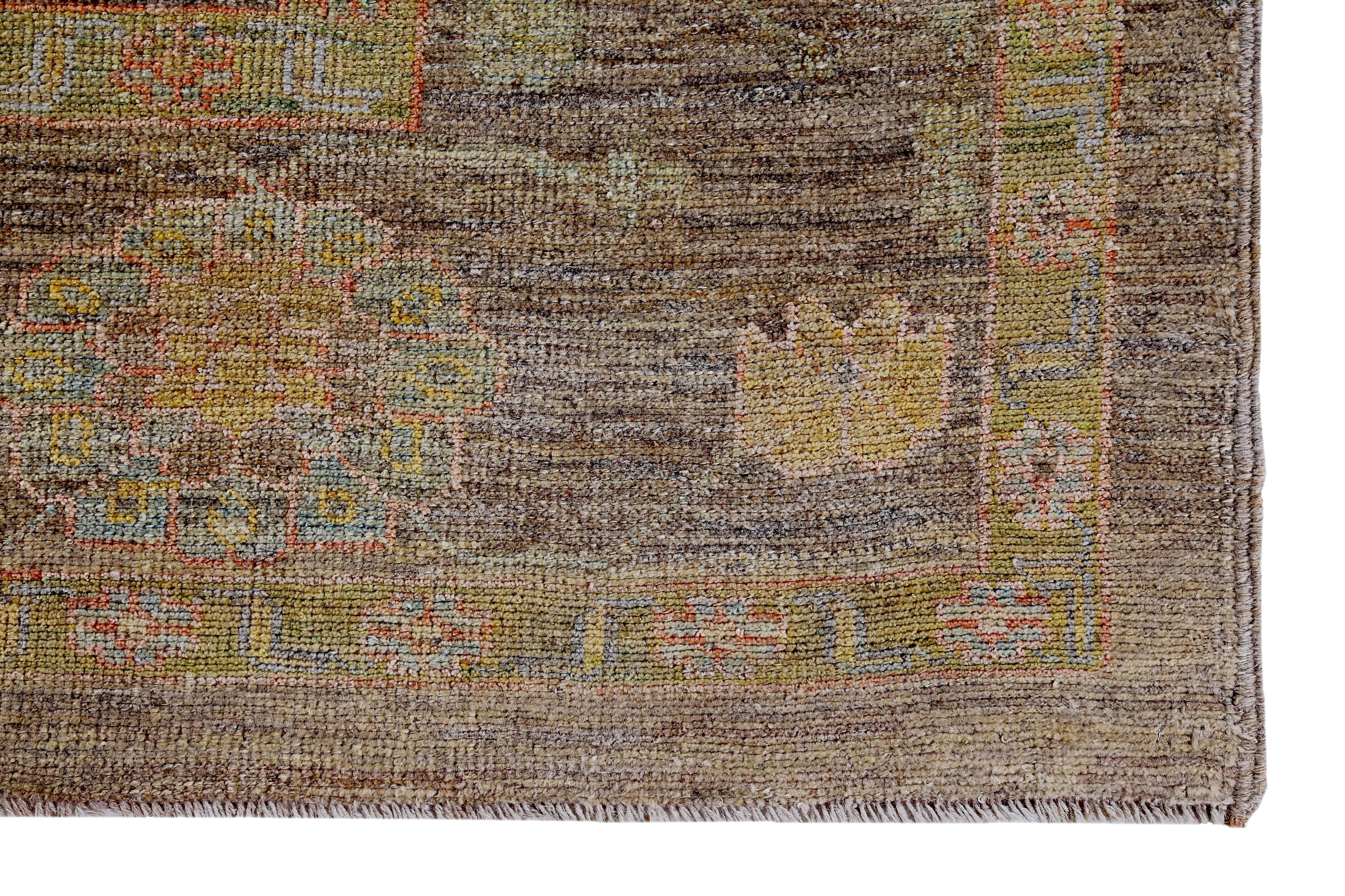 Turkish Oushak Rug with Yellow, Green and Blue Flower Heads on Brown Field In New Condition For Sale In Dallas, TX