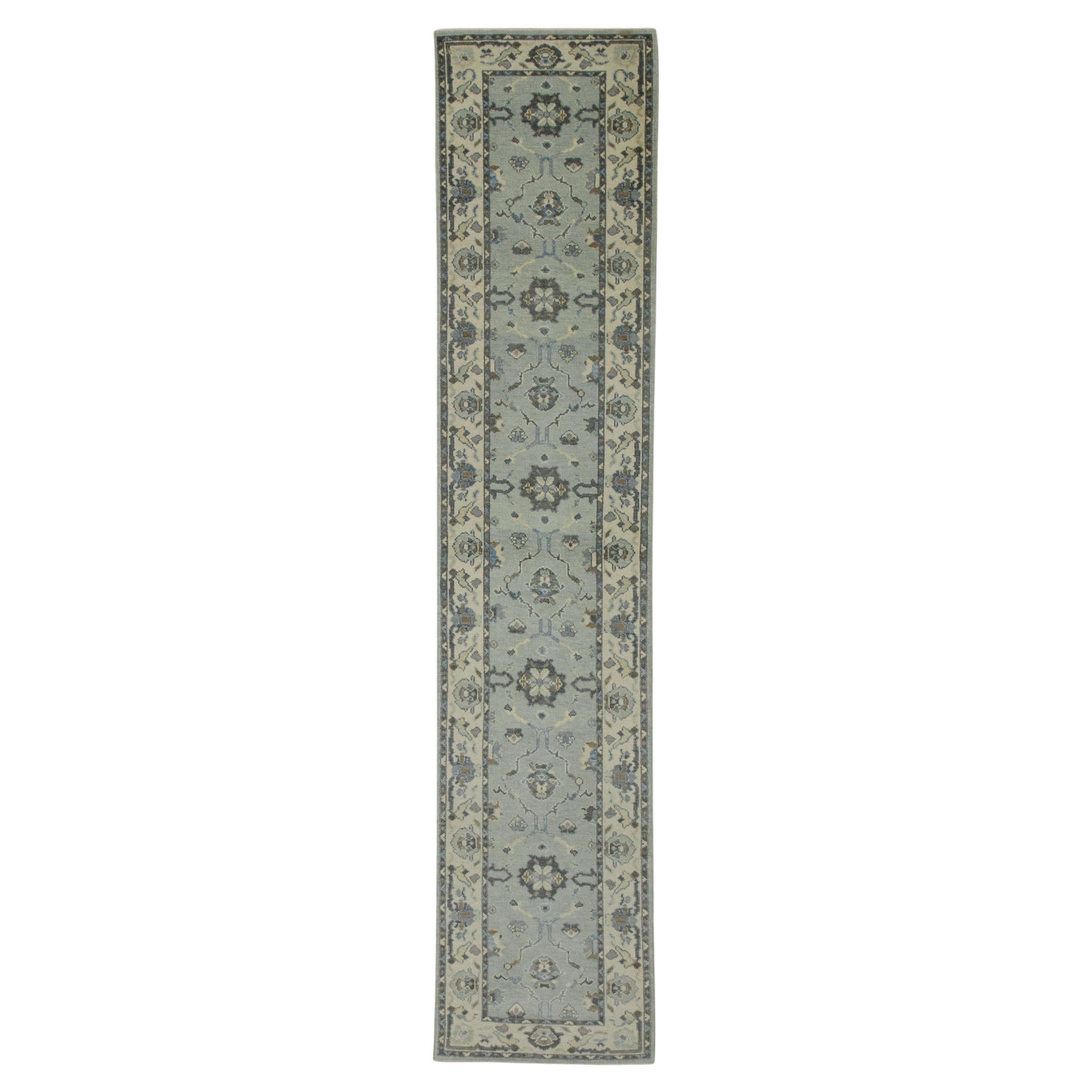 Turkish Oushak Runner Blue & Gray Floral Design Handwoven Wool Rug 2'8" x 13'9"
