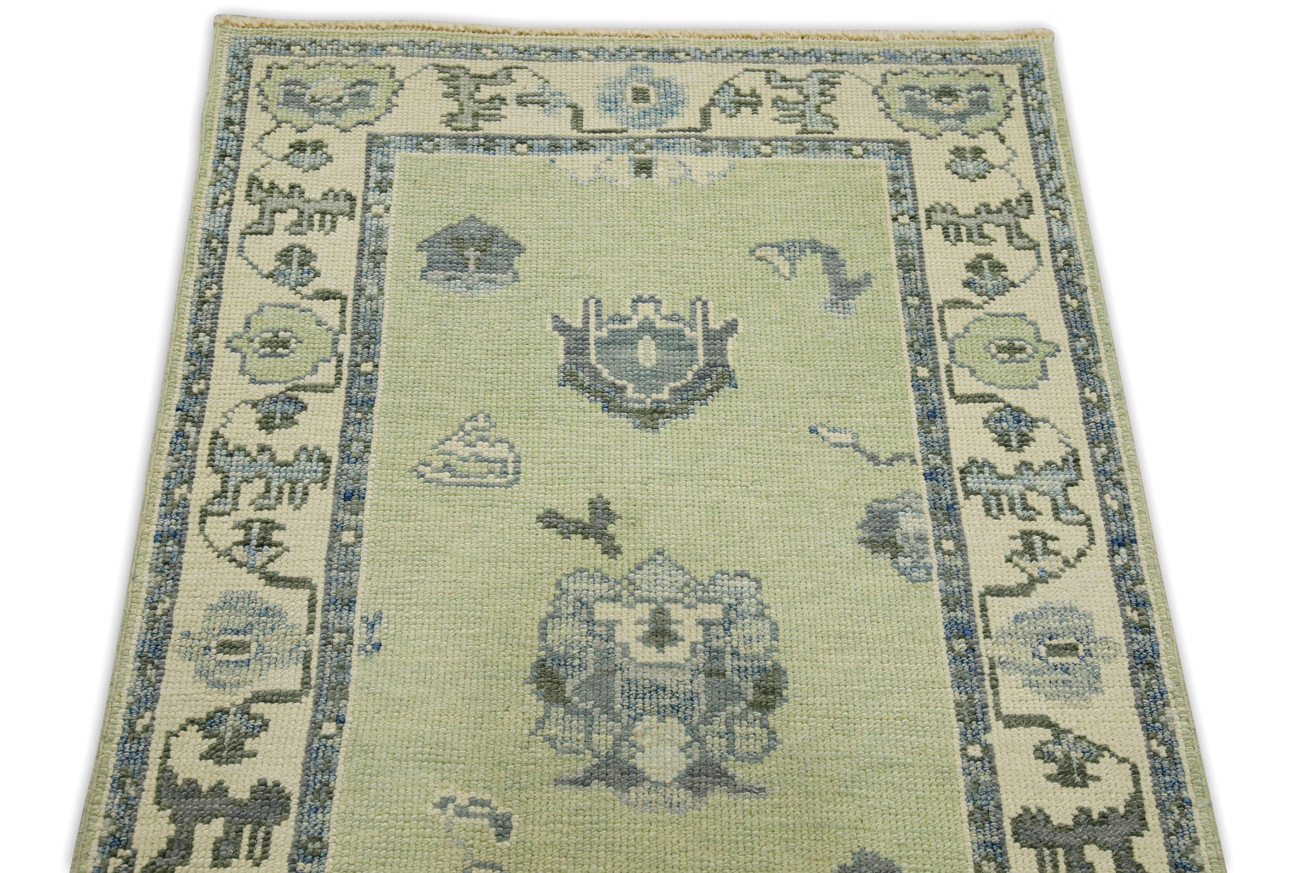 Türkischer Oushak Läufer Grün & Blau Floral Handgewebter Wollteppich 2'11