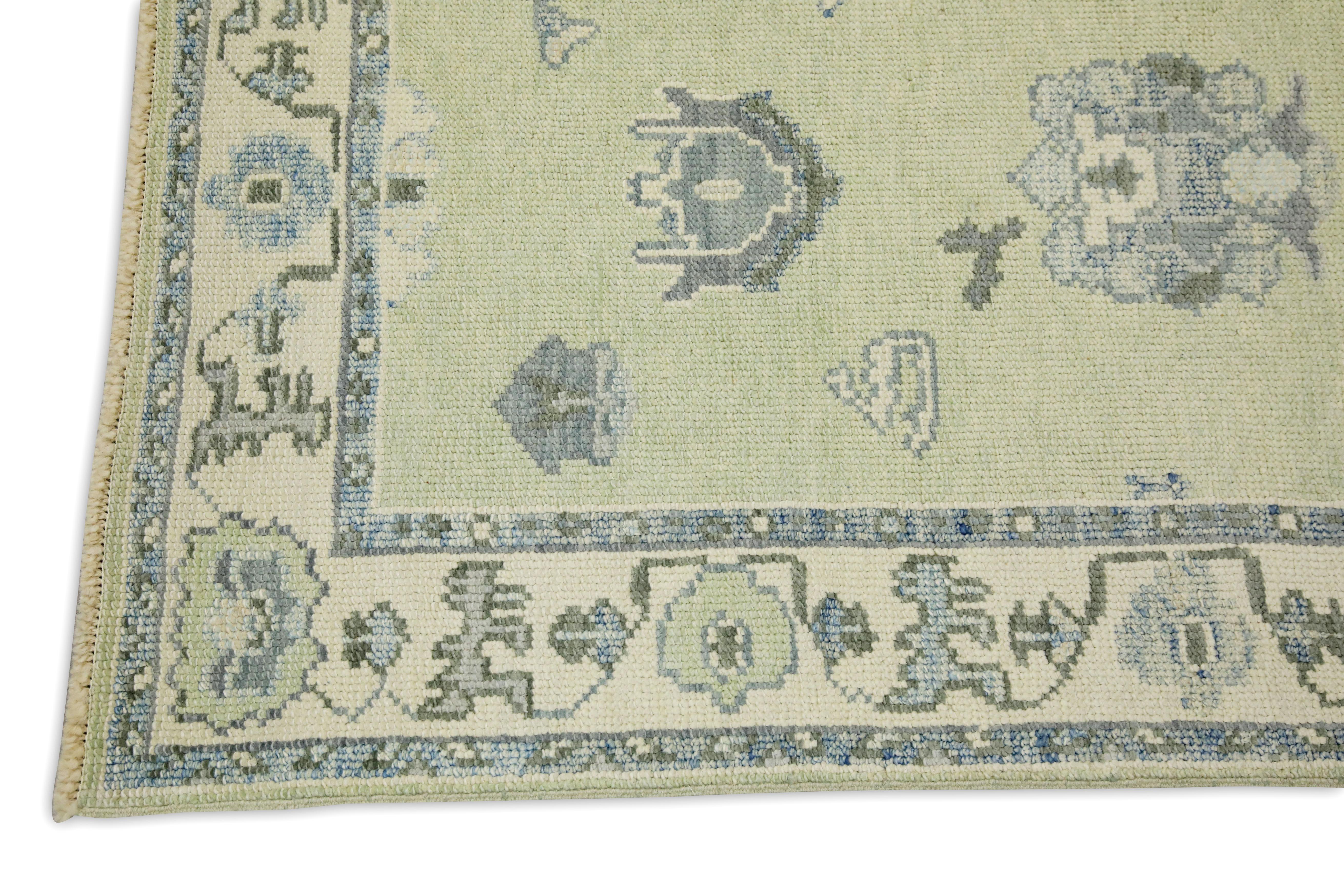 Türkischer Oushak Läufer Grün & Blau Floral Handgewebter Wollteppich 2'11