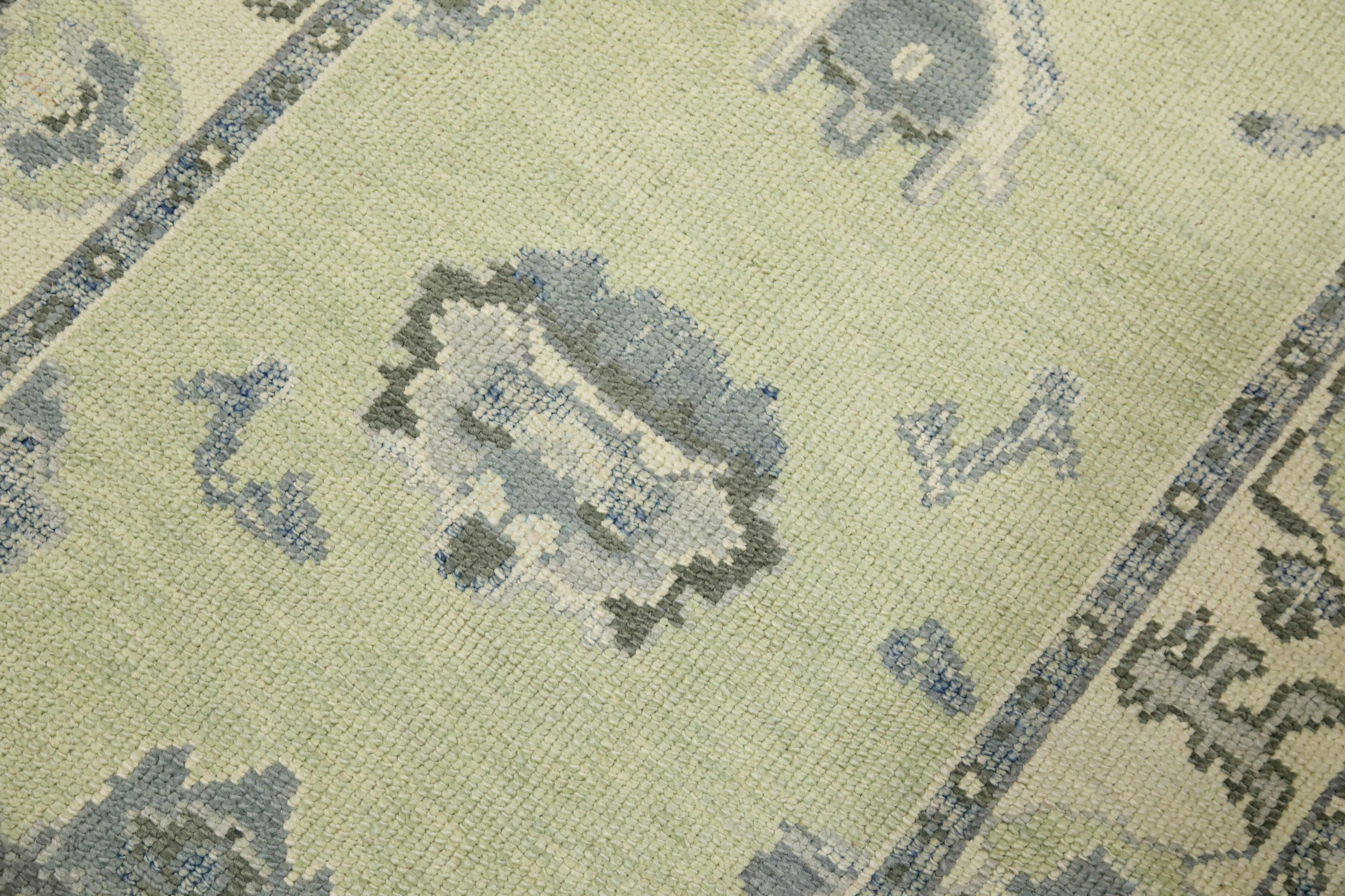 Türkischer Oushak Läufer Grün & Blau Floral Handgewebter Wollteppich 2'11