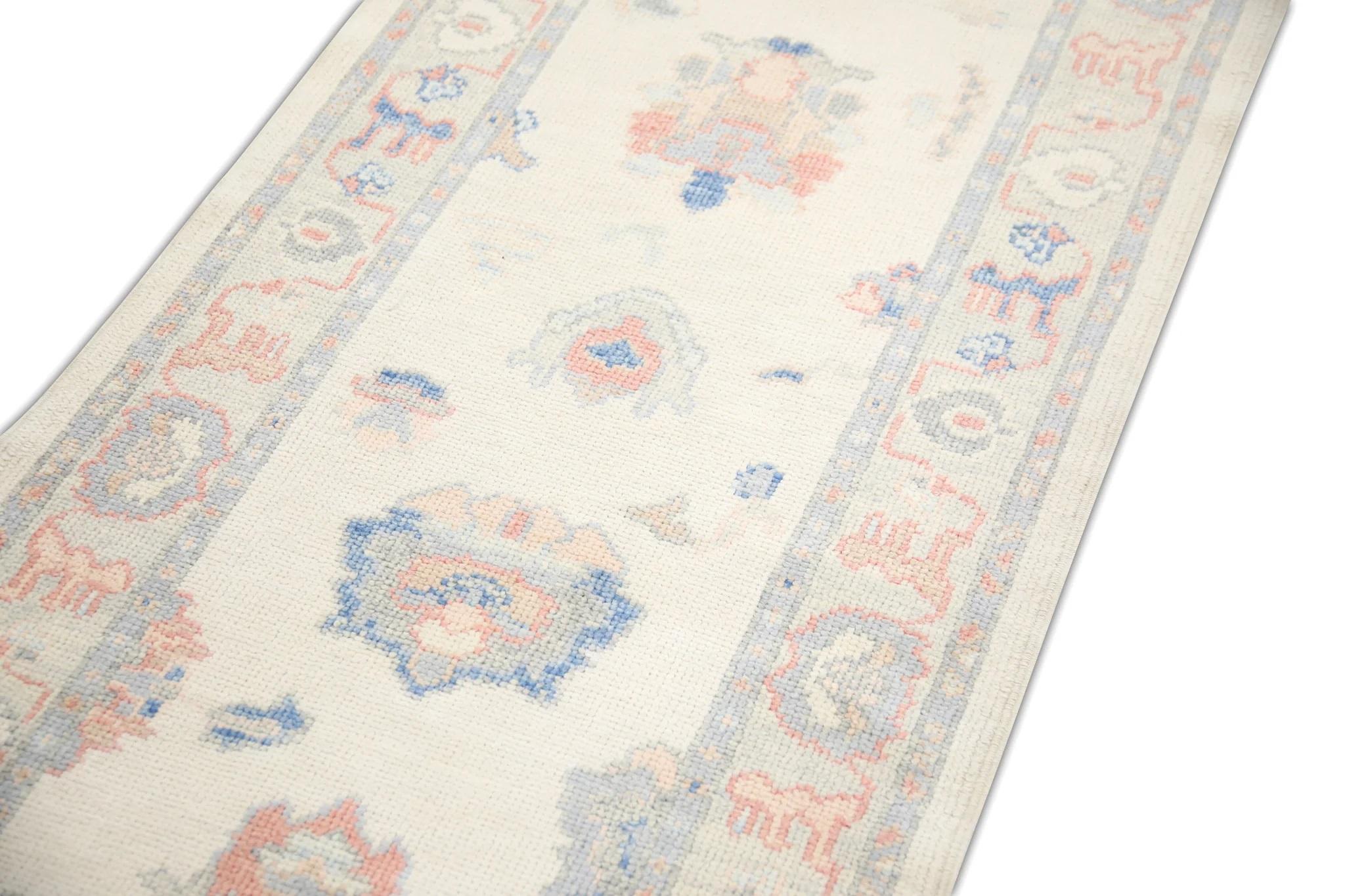 Tappeto turco Oushak Runner fatto a mano Crema Blu Rosa Disegno floreale 2'9