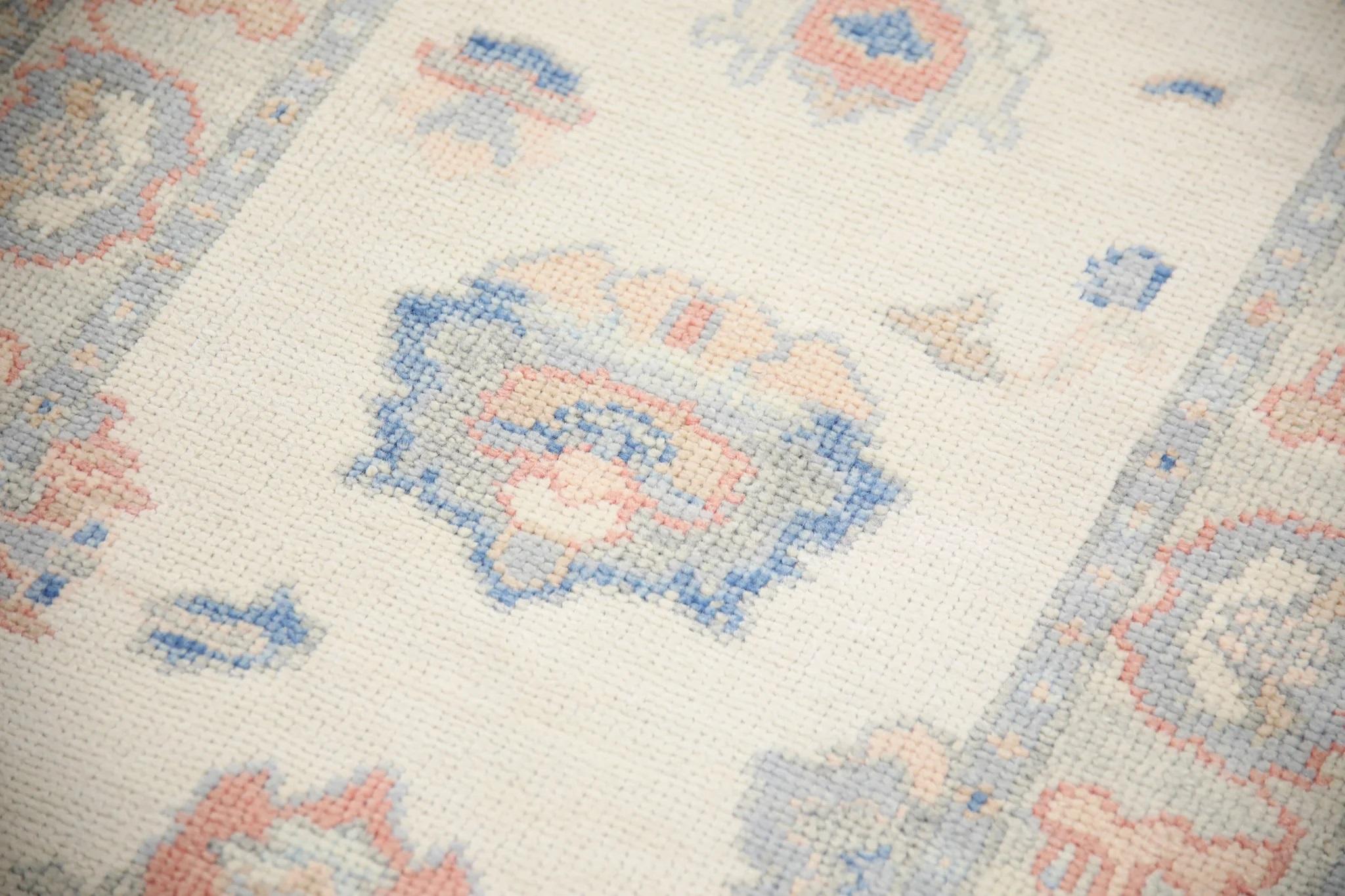 Moderno Tappeto turco Oushak Runner fatto a mano Crema Blu Rosa Disegno floreale 2'9