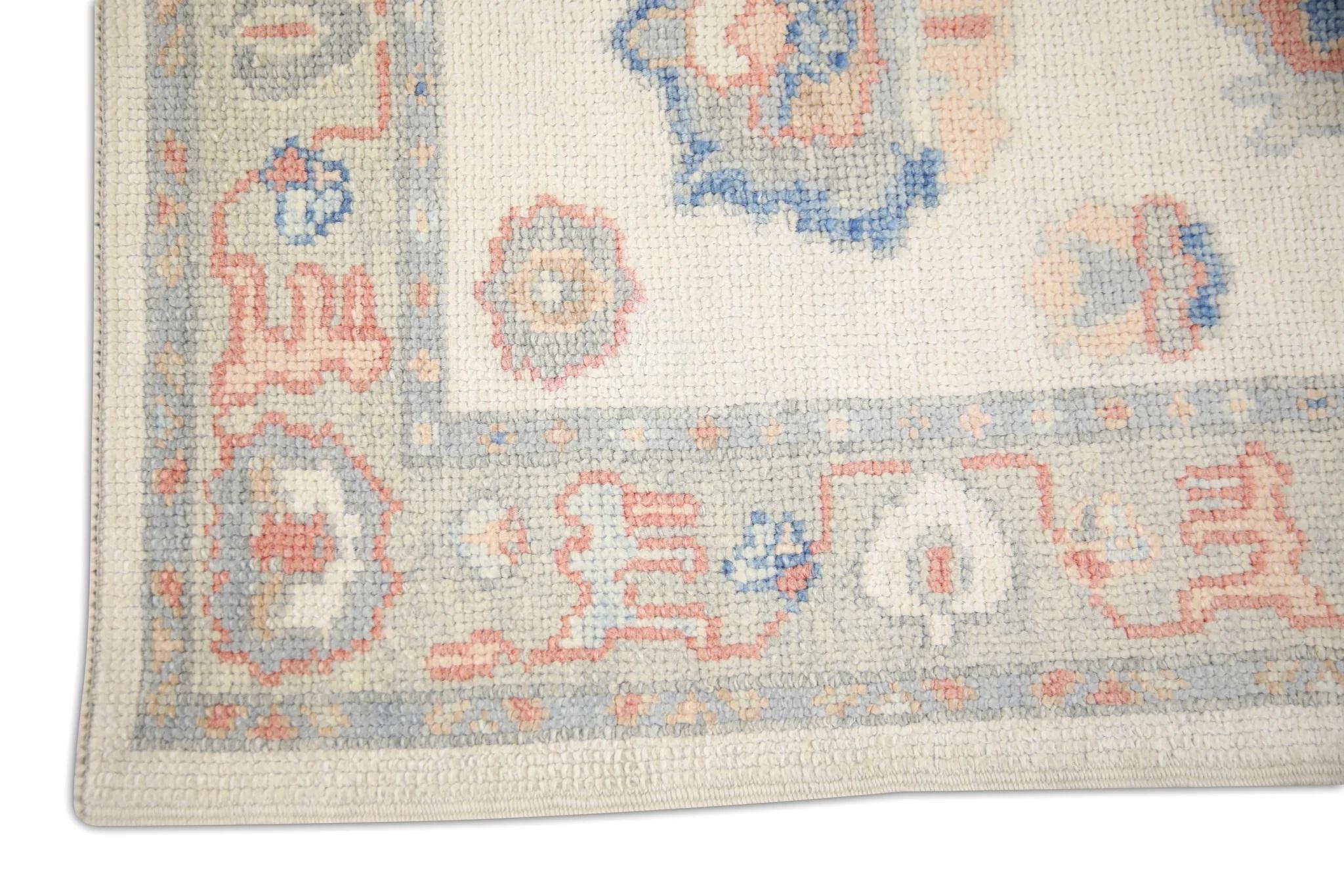 Turco Tappeto turco Oushak Runner fatto a mano Crema Blu Rosa Disegno floreale 2'9