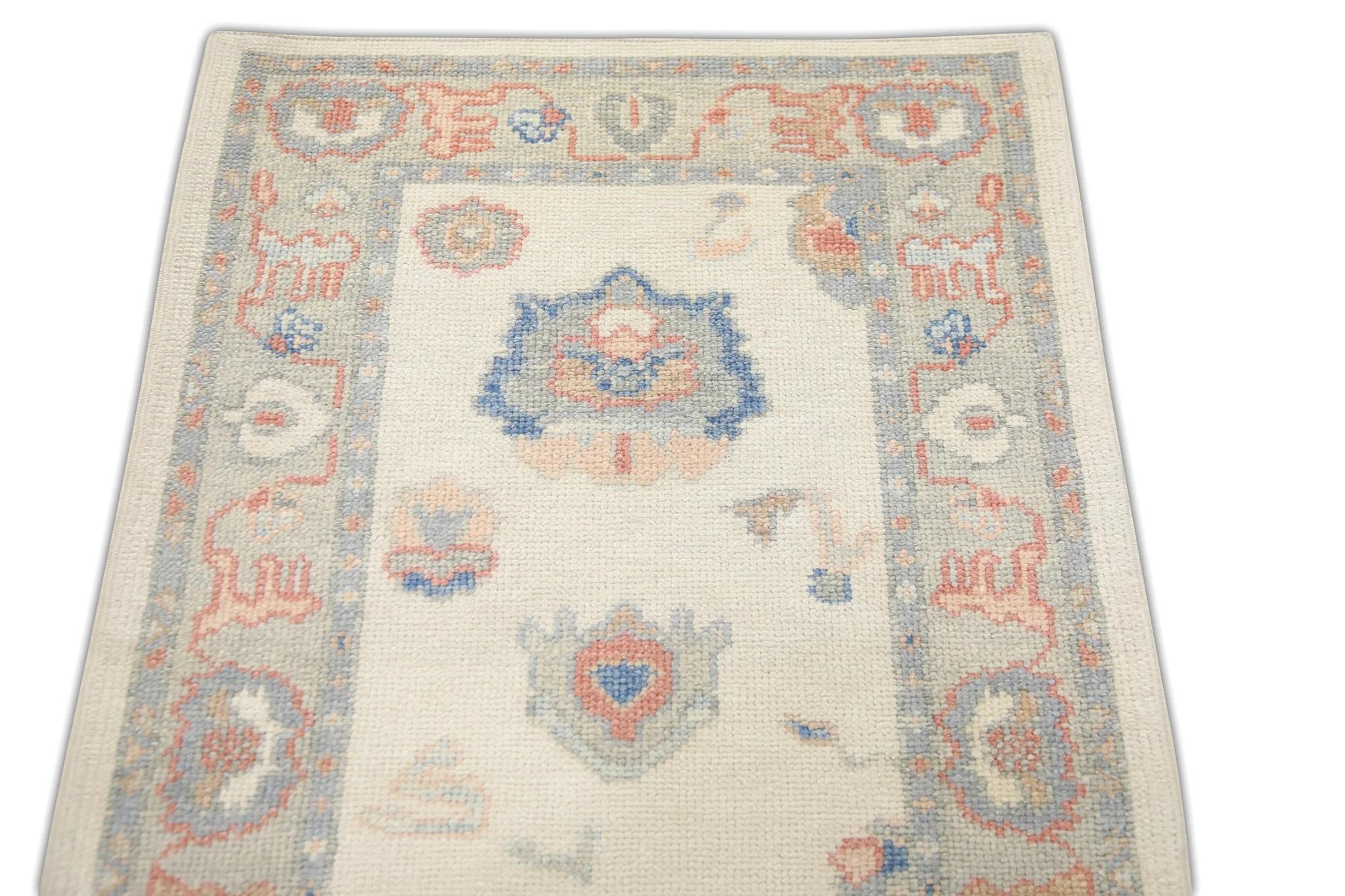 Tintura vegetale Tappeto turco Oushak Runner fatto a mano Crema Blu Rosa Disegno floreale 2'9