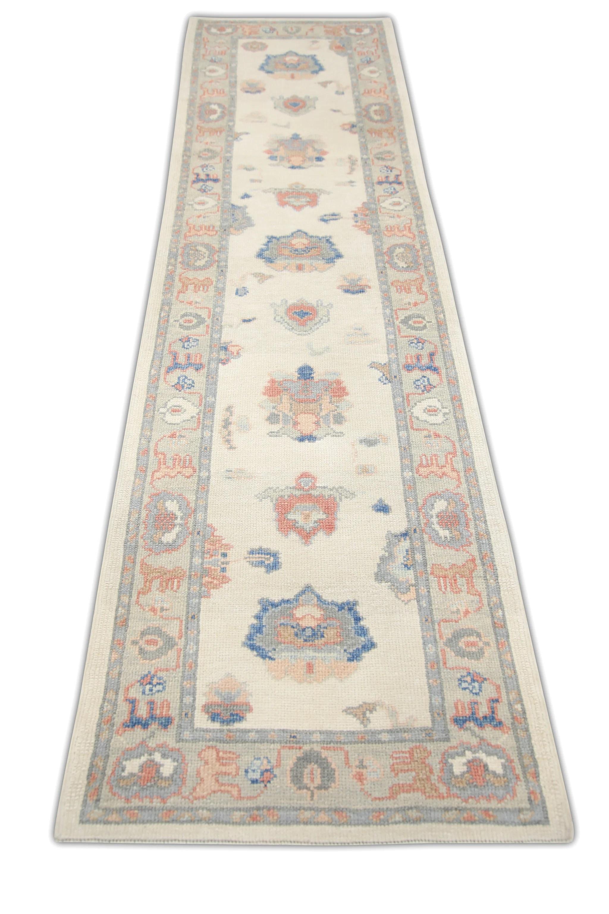 Tappeto turco Oushak Runner fatto a mano Crema Blu Rosa Disegno floreale 2'9