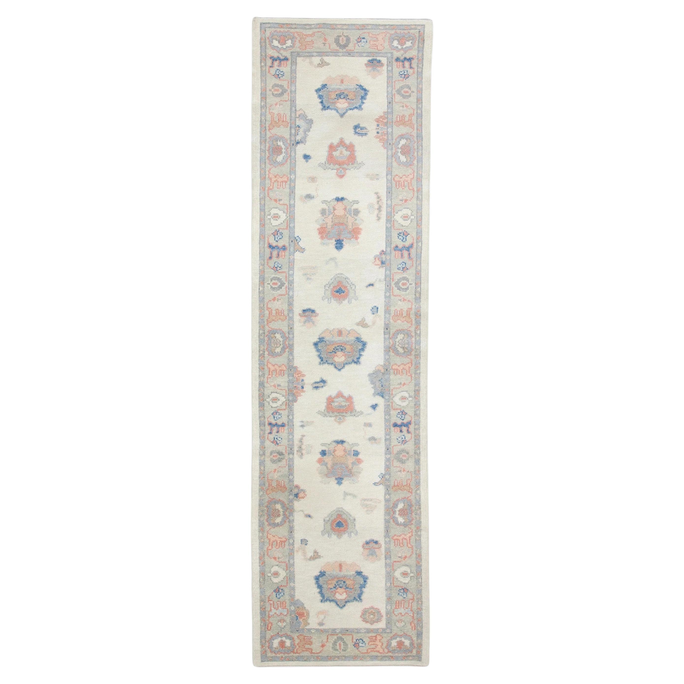 Türkische Oushak Läufer Handmade Teppich Creme Blau Rosa Floral Design 2'9" x 9'9"
