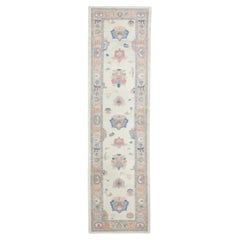 Turkish Oushak Runner Handmade Rug Cream Blue Pink Floral Design 2'9" x 9'9"