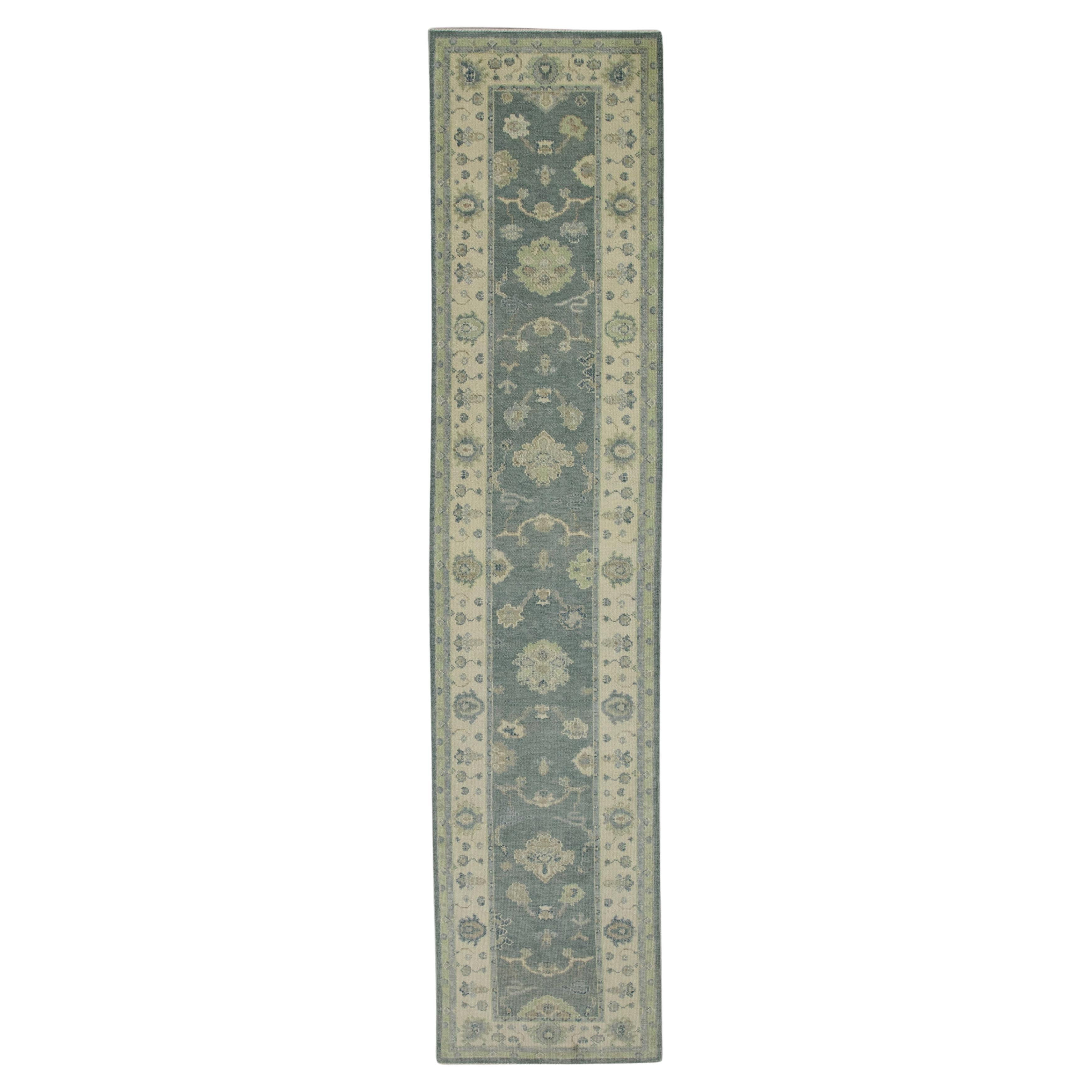Turkish Oushak Runner Handwoven Wool Blue Floral Design Rug 2'11" x 13'3"