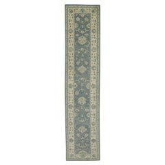 Turkish Oushak Runner Handwoven Wool Blue Floral Design Rug 2'11" x 13'3"
