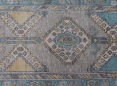 Turkish Oushak Runner in Gray with Sky Blue, Ivory, and Gold  3'0 x 12'9