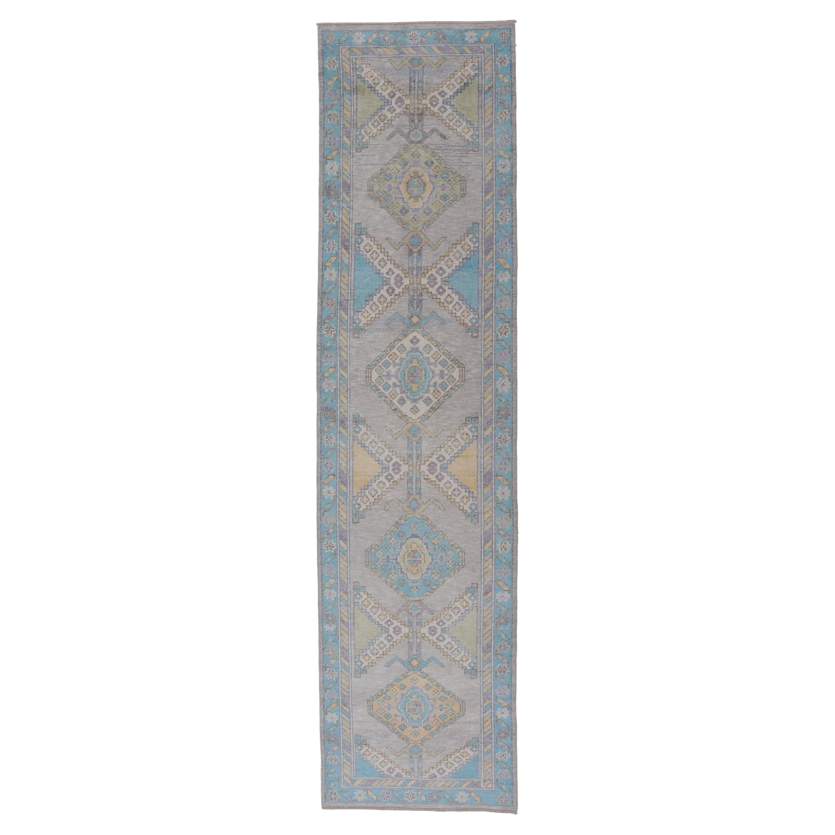 Turkish Oushak Runner in Gray with Sky Blue, Ivory, and Gold 3
0 x 12
9
