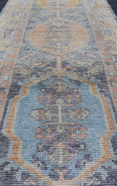 Turkish Oushak Runner in Powder Blue, Peach, and Gold 2'7 x 8'1