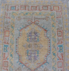 Turkish Oushak Runner in Sky Blue, Terracotta, and Gold with Geometric 2'8 x 7'8