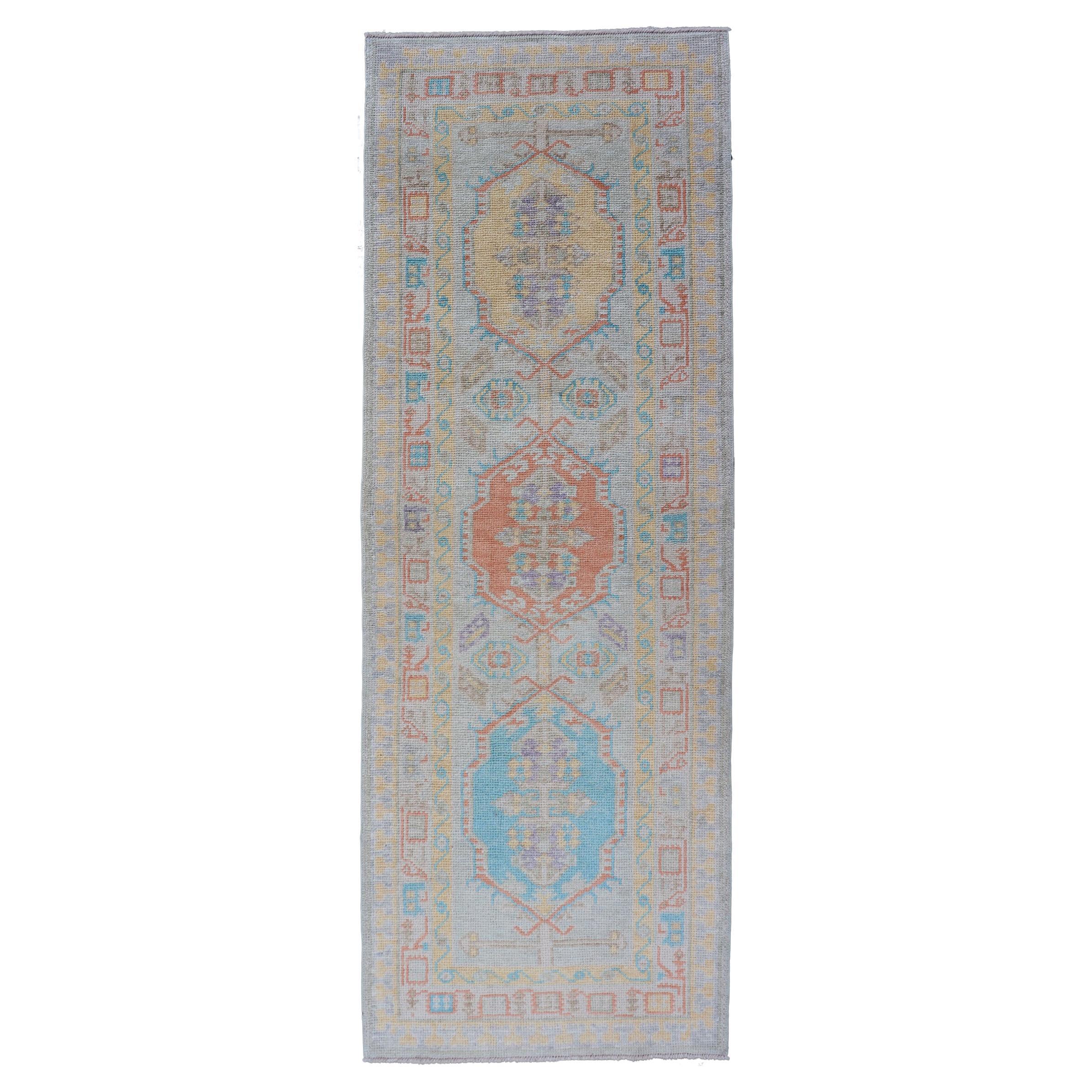 Turkish Oushak Runner in Sky Blue, Terracotta, and Gold with Geometric 2
8 x 7
8
