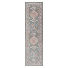 Turkish Oushak Runner in Soft Coral, Slate Gray, and Ivory with Geometric Design