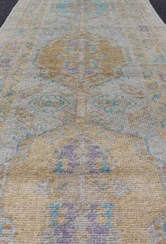 Turkish Oushak Runner in Soft Pastel Blue, Gold, and Lavender 2'8 x 13'0