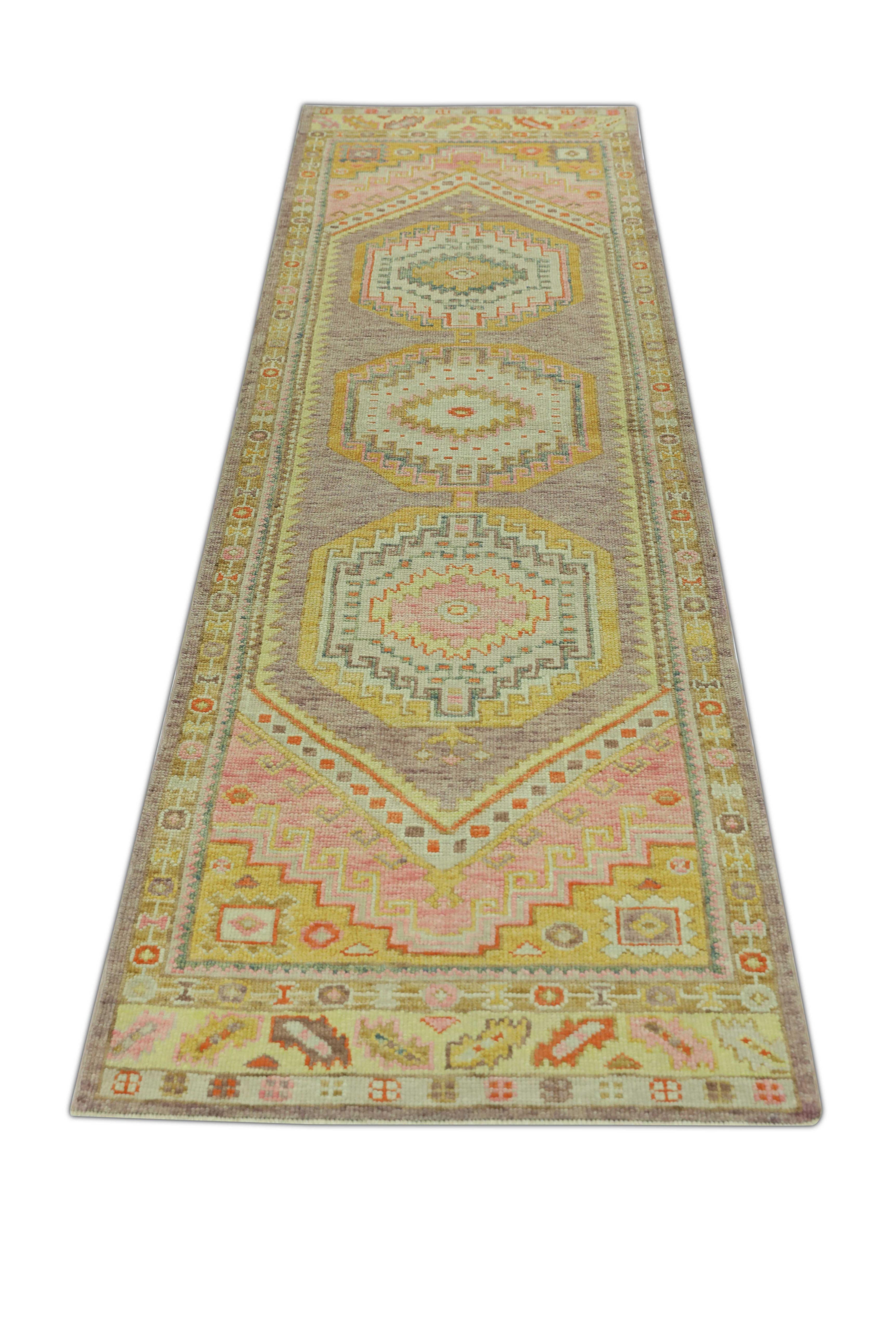 Lana Tappeto turco Oushak Runner Multicolore in lana intrecciata a mano 3' x 10'2
