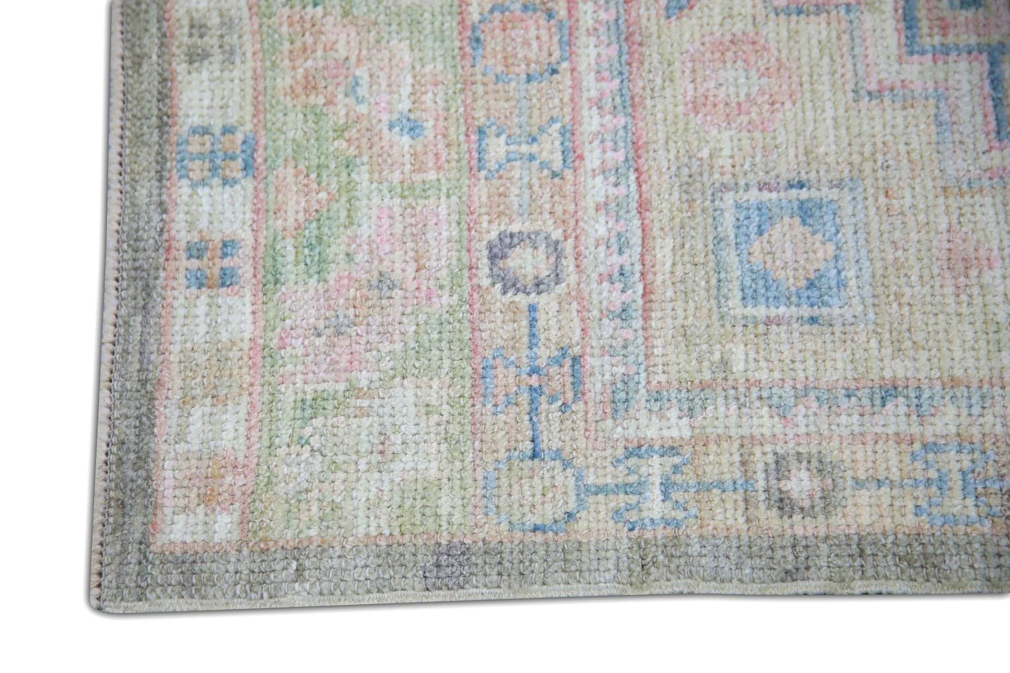 Türkischer Oushak Läufer Teppich Beige Taupe & Blau Handgewebter Wollteppich 2'10