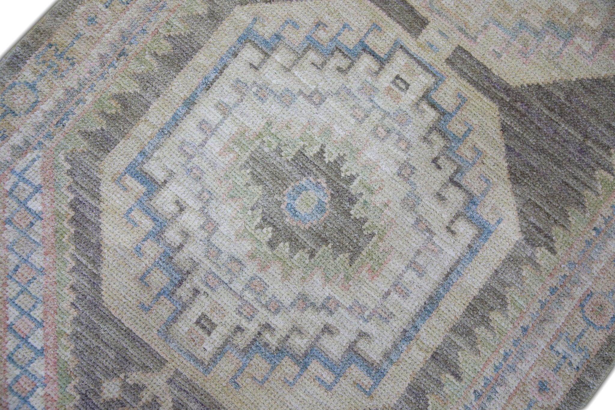 Türkischer Oushak Läufer Teppich Beige Taupe & Blau Handgewebter Wollteppich 2'10