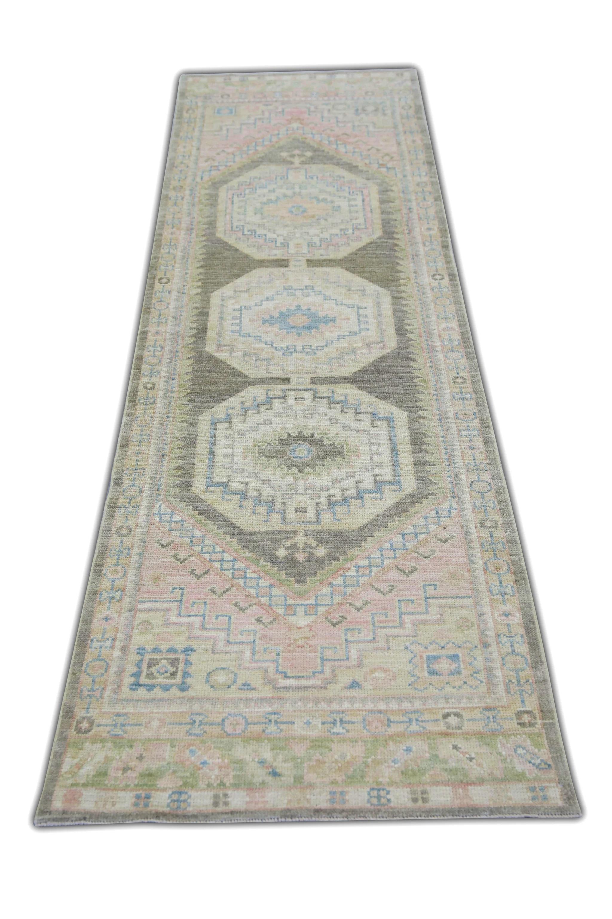 Türkischer Oushak Läufer Teppich Beige Taupe & Blau Handgewebter Wollteppich 2'10