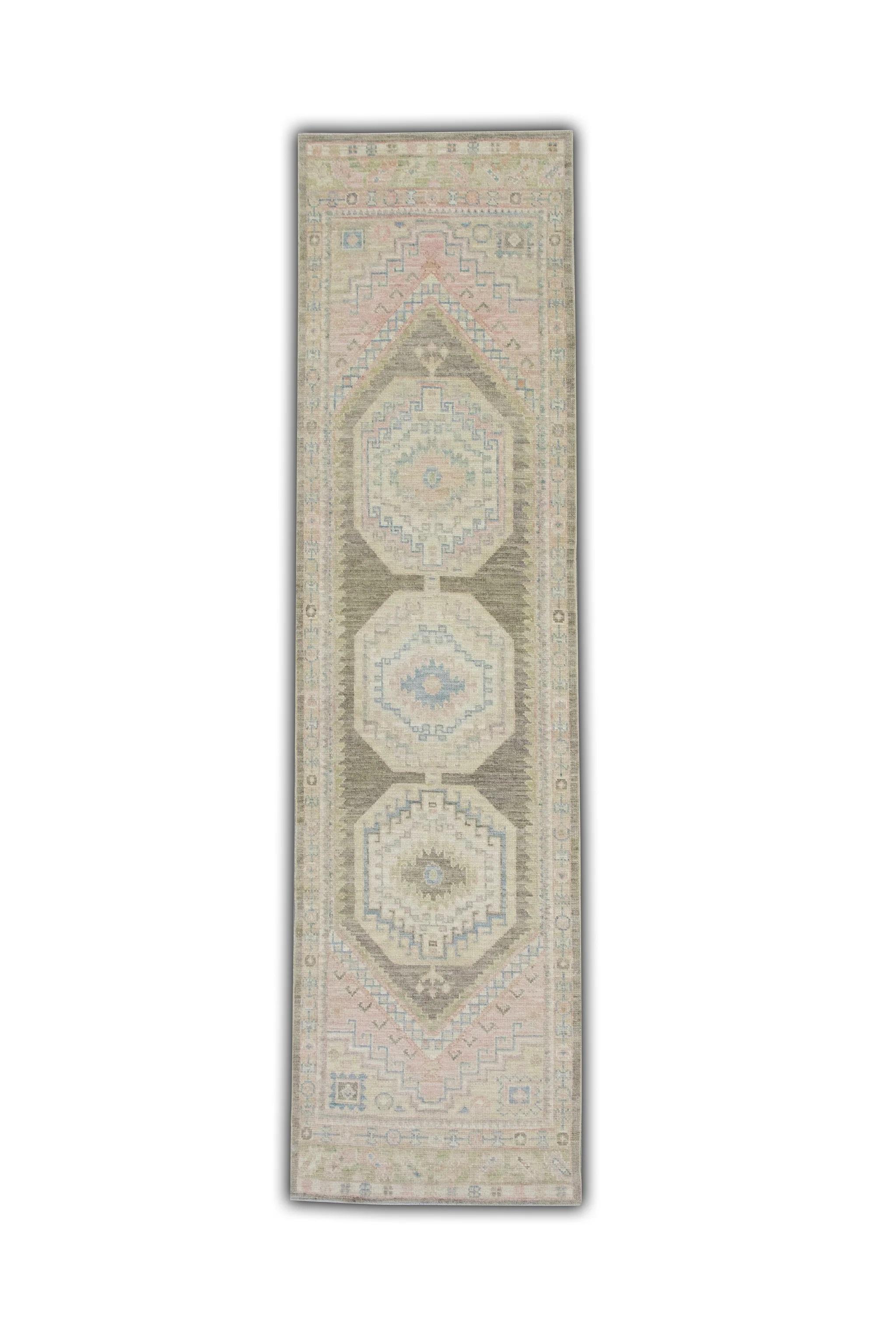 Türkischer Oushak Läufer Teppich Beige Taupe & Blau Handgewebter Wollteppich 2'10