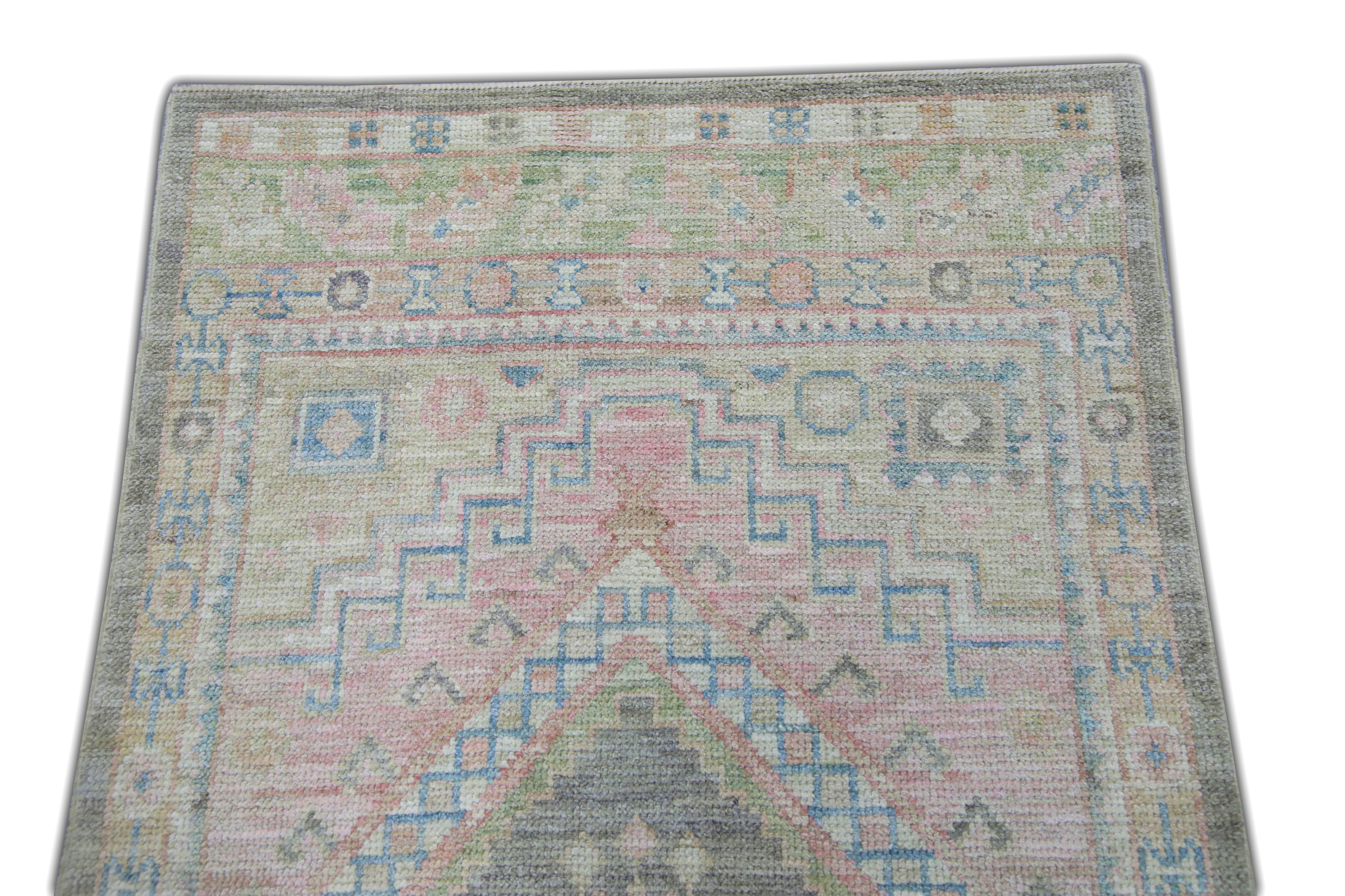 Türkischer Oushak Läufer Teppich Beige Taupe & Blau Handgewebter Wollteppich 2'10