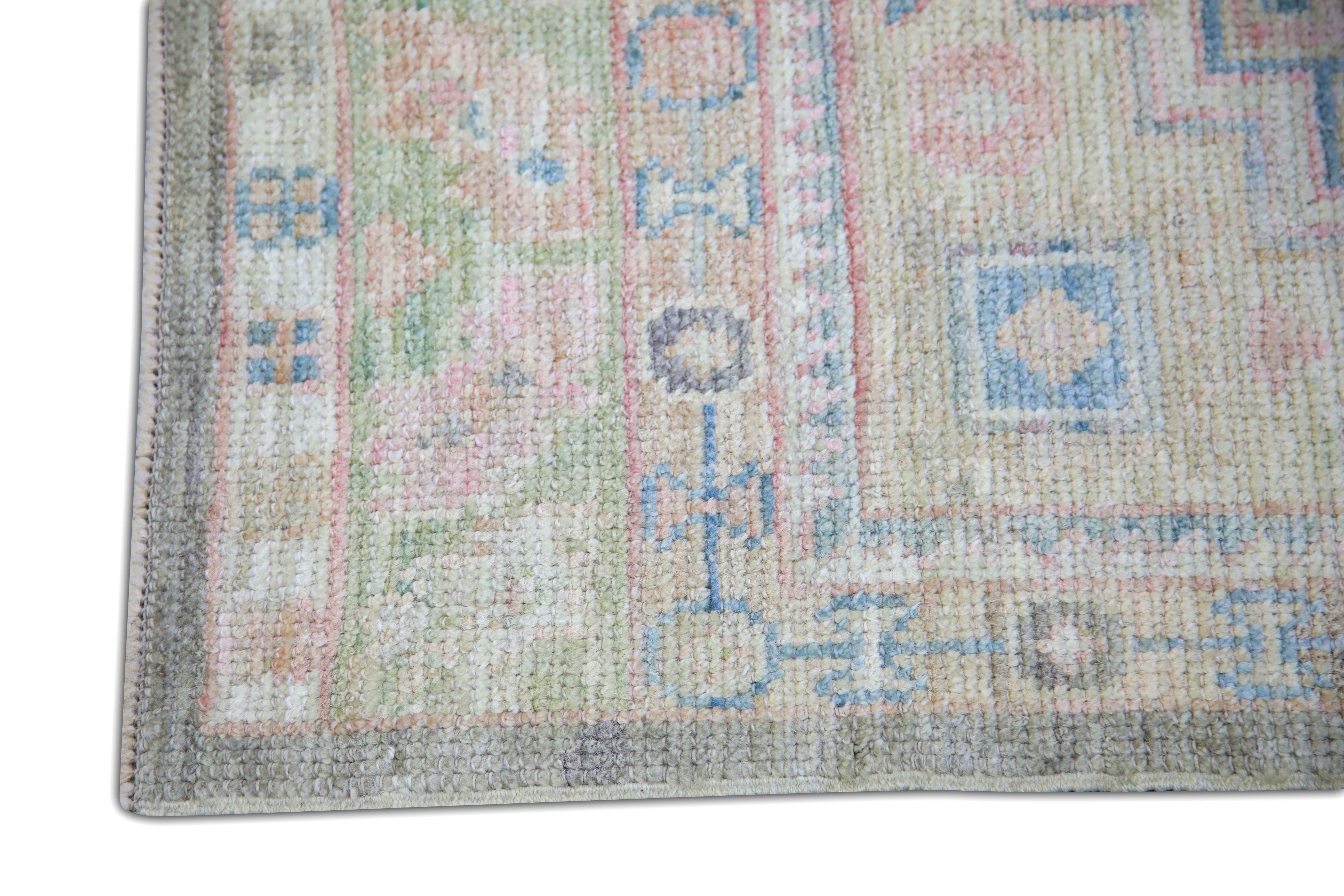 Türkischer Oushak Läufer Teppich Beige Taupe & Blau Handgewebter Wollteppich 2'10