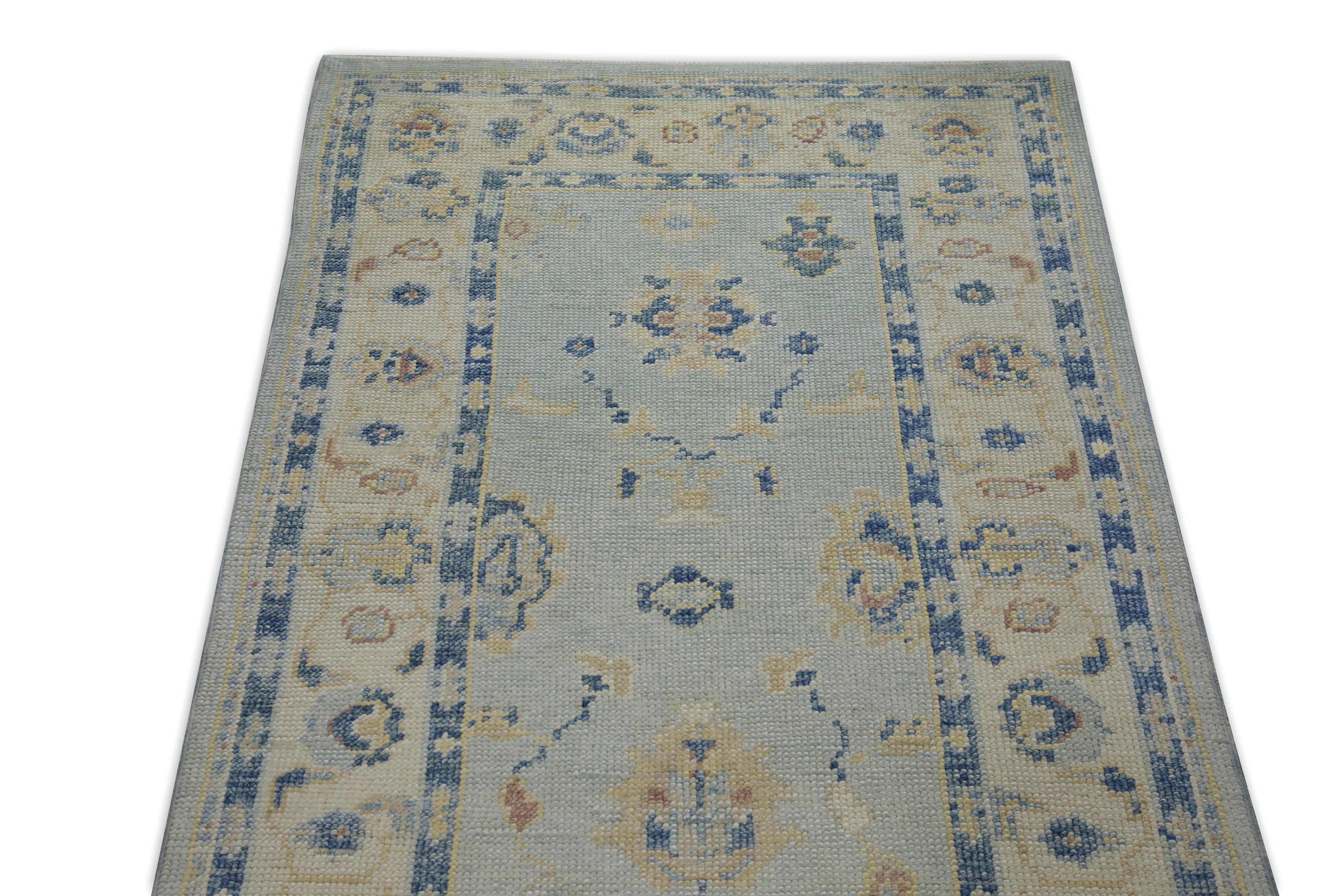 Tappeto Oushak Runner Turco Blu e Avorio Tessuto a mano in lana 2'10
