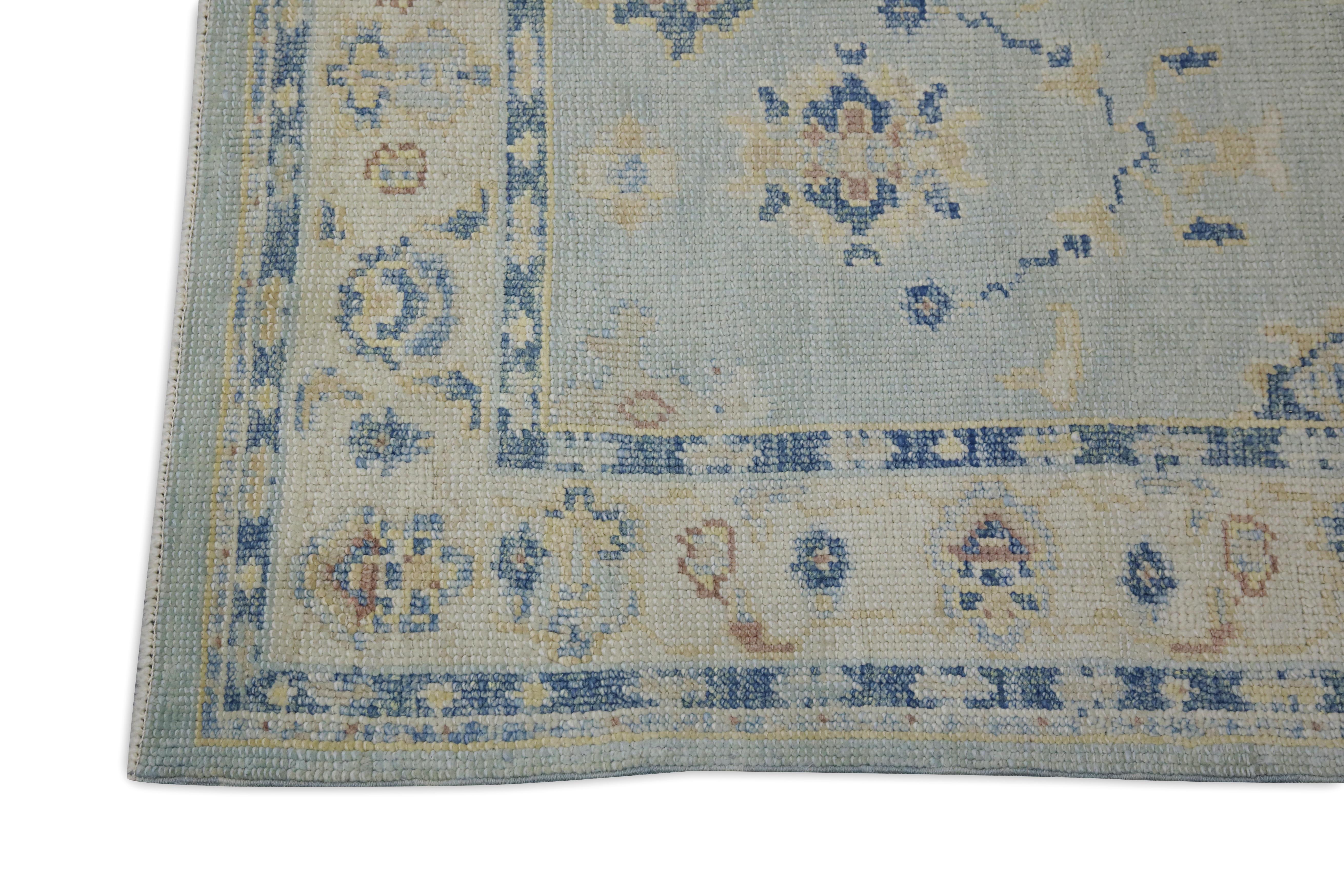Tappeto Oushak Runner Turco Blu e Avorio Tessuto a mano in lana 2'10