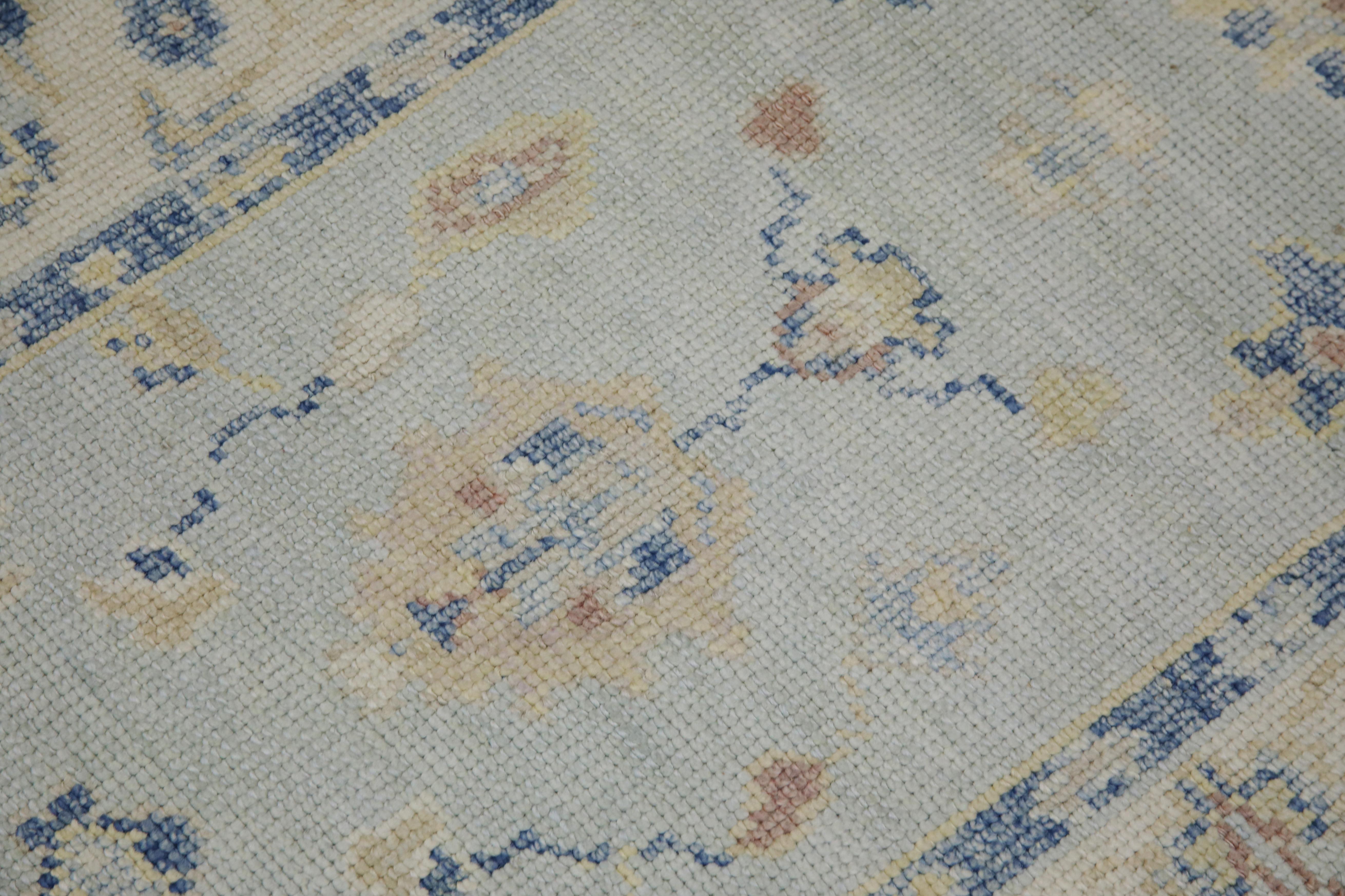Tappeto Oushak Runner Turco Blu e Avorio Tessuto a mano in lana 2'10