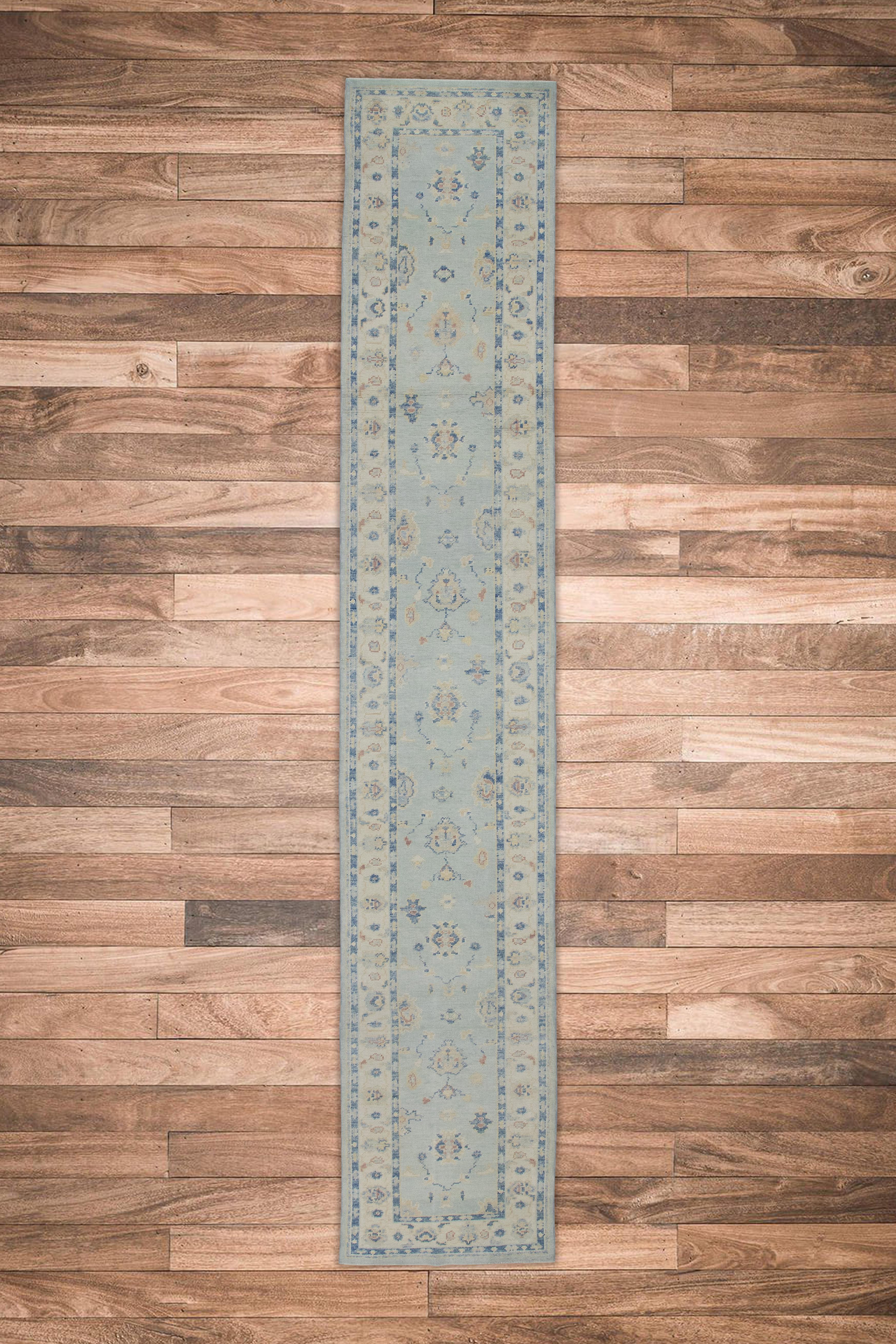 Tappeto Oushak Runner Turco Blu e Avorio Tessuto a mano in lana 2'10