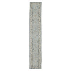 Tappeto Oushak Runner Turco Blu e Avorio Tessuto a mano in lana 2'10" x 15'7"