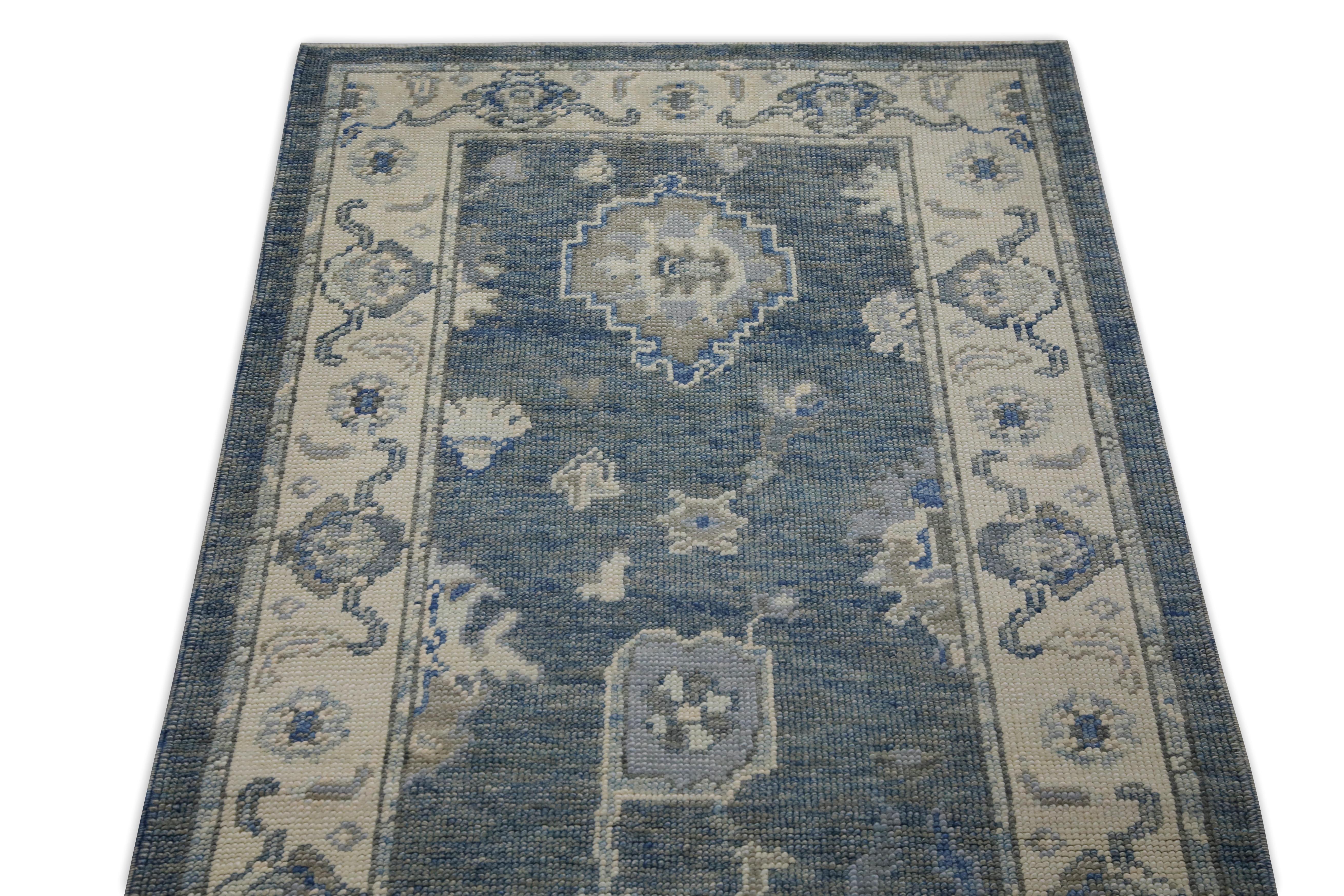 Tappeto Oushak Runner Turco Blu e Avorio Tessuto a mano in lana 2'10