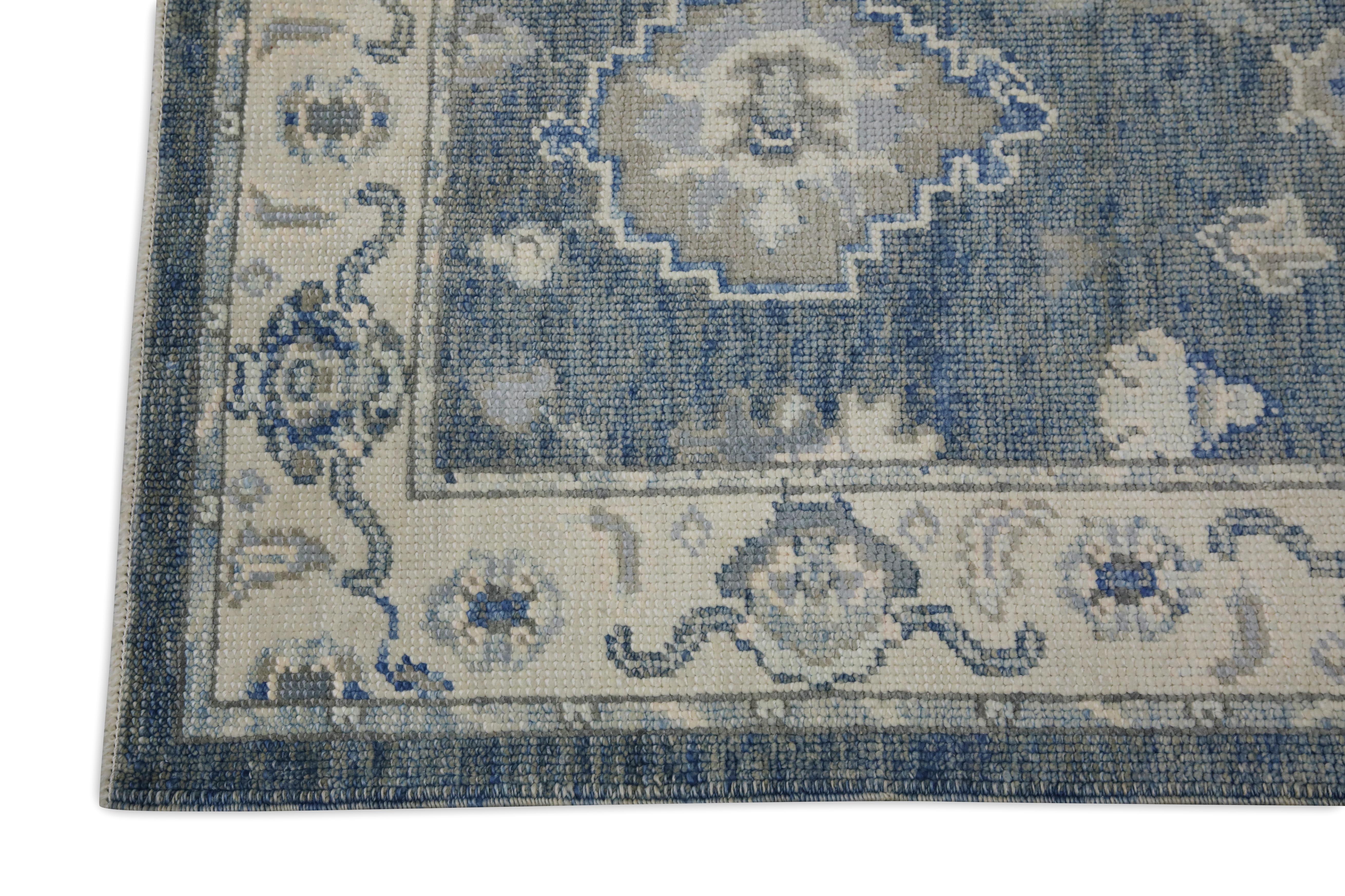 Tappeto Oushak Runner Turco Blu e Avorio Tessuto a mano in lana 2'10