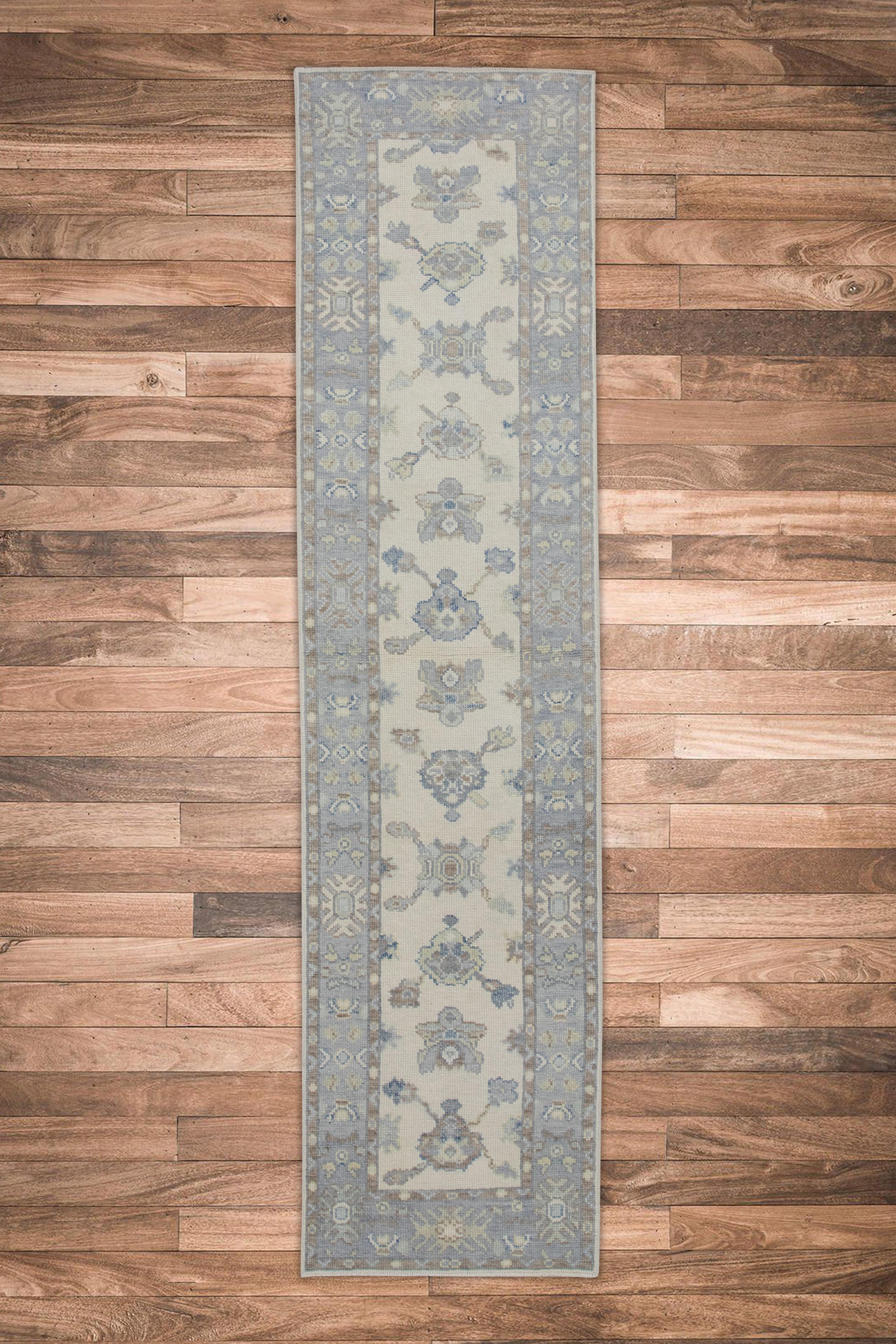 Alfombra turca Oushak Alfombra de lana tejida a mano Azul y Marrón 2'5