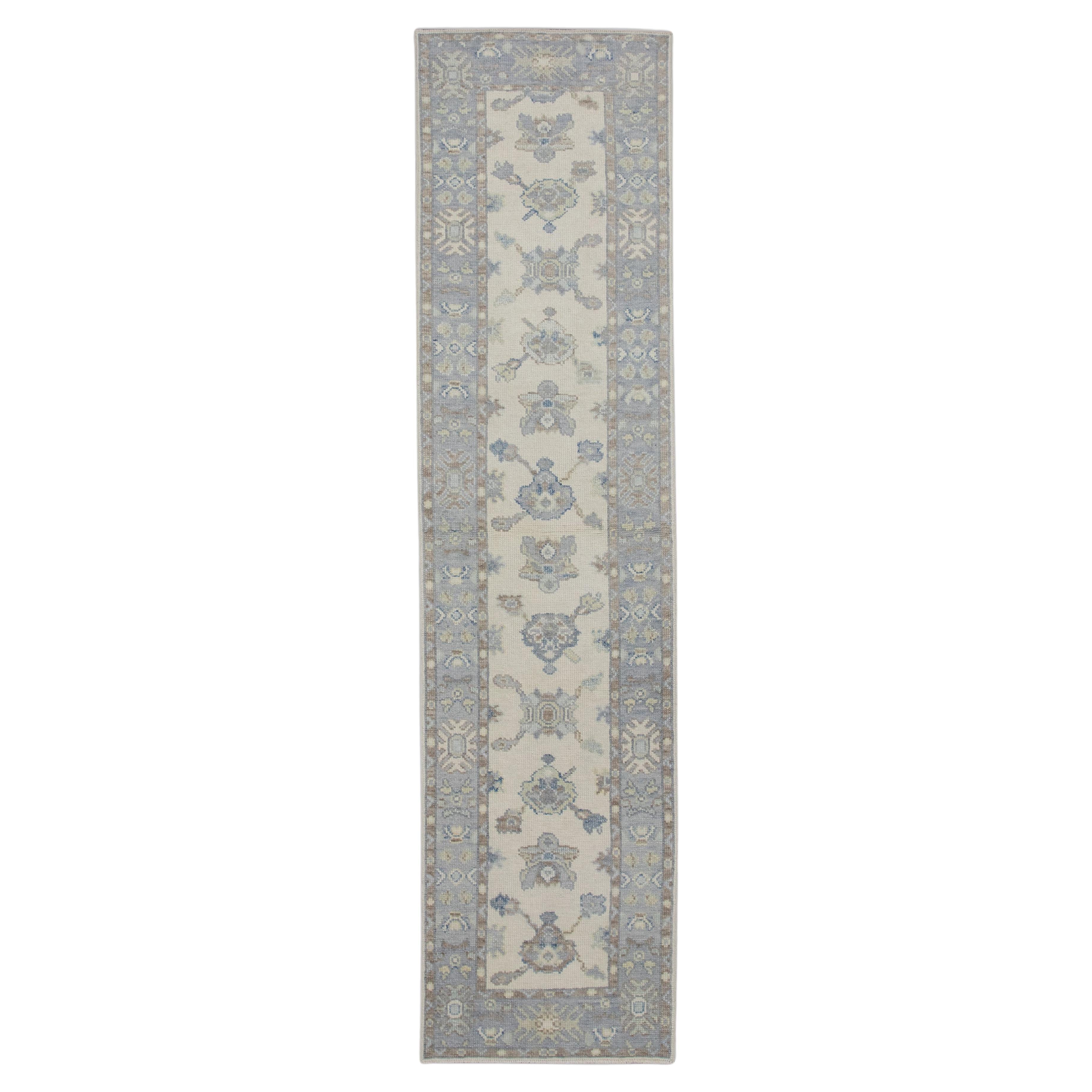Turkish Oushak Runner Rug Blue & Brown Handwoven Wool Rug 2'5" x 9'6"