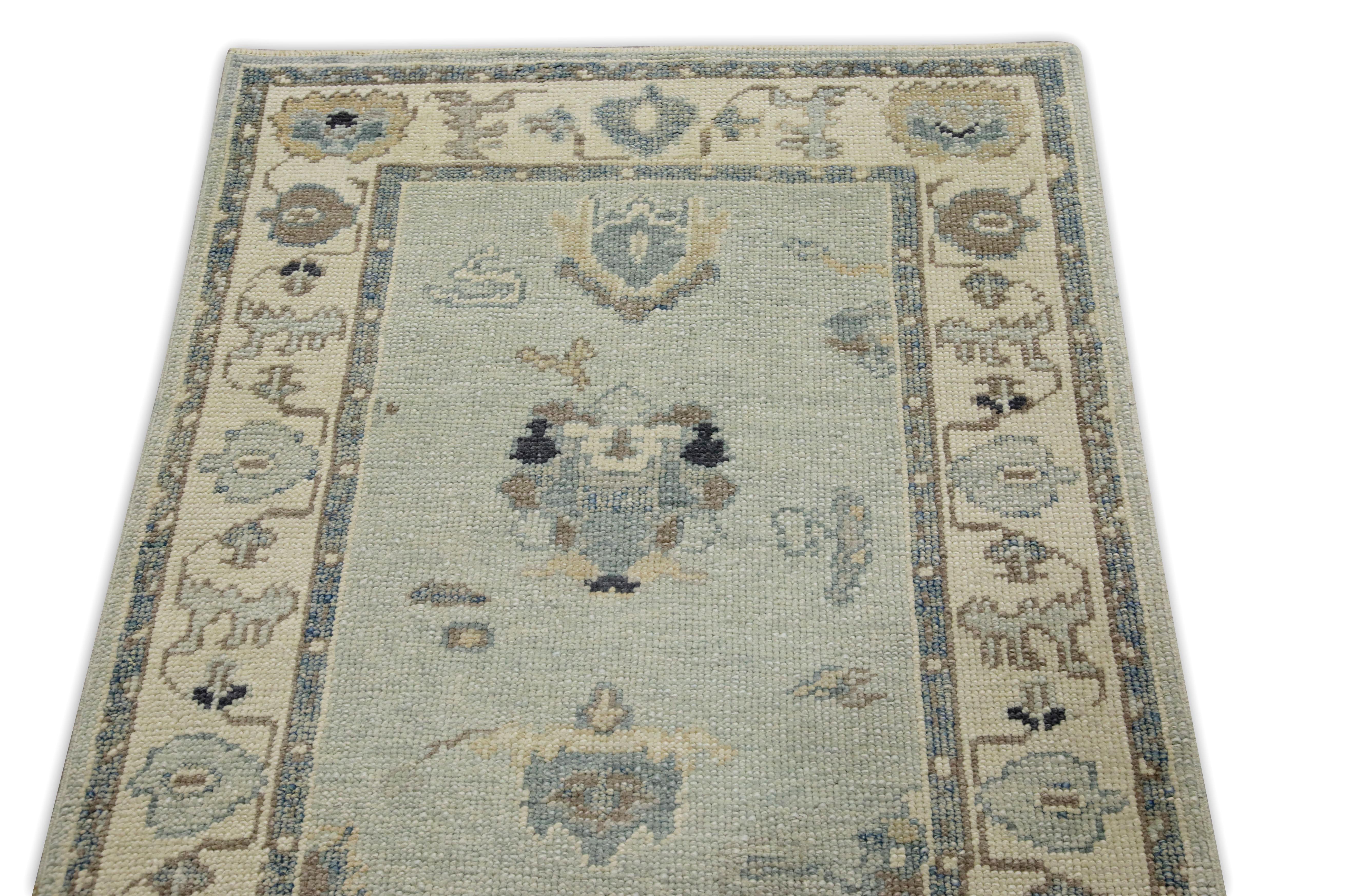 Alfombra turca Oushak Alfombra de lana tejida a mano con diseño floral azul 2'10