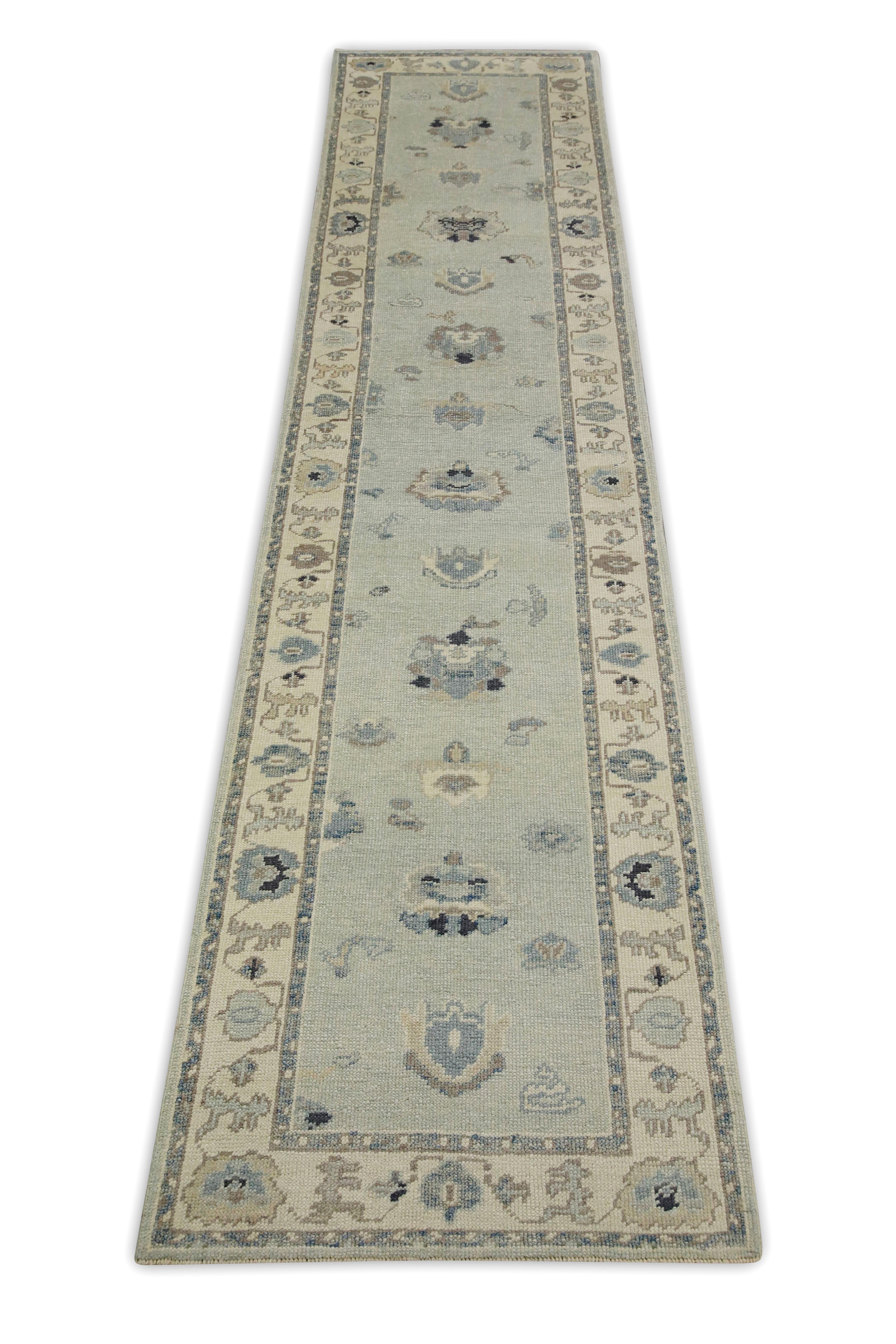 Alfombra turca Oushak Alfombra de lana tejida a mano con diseño floral azul 2'10