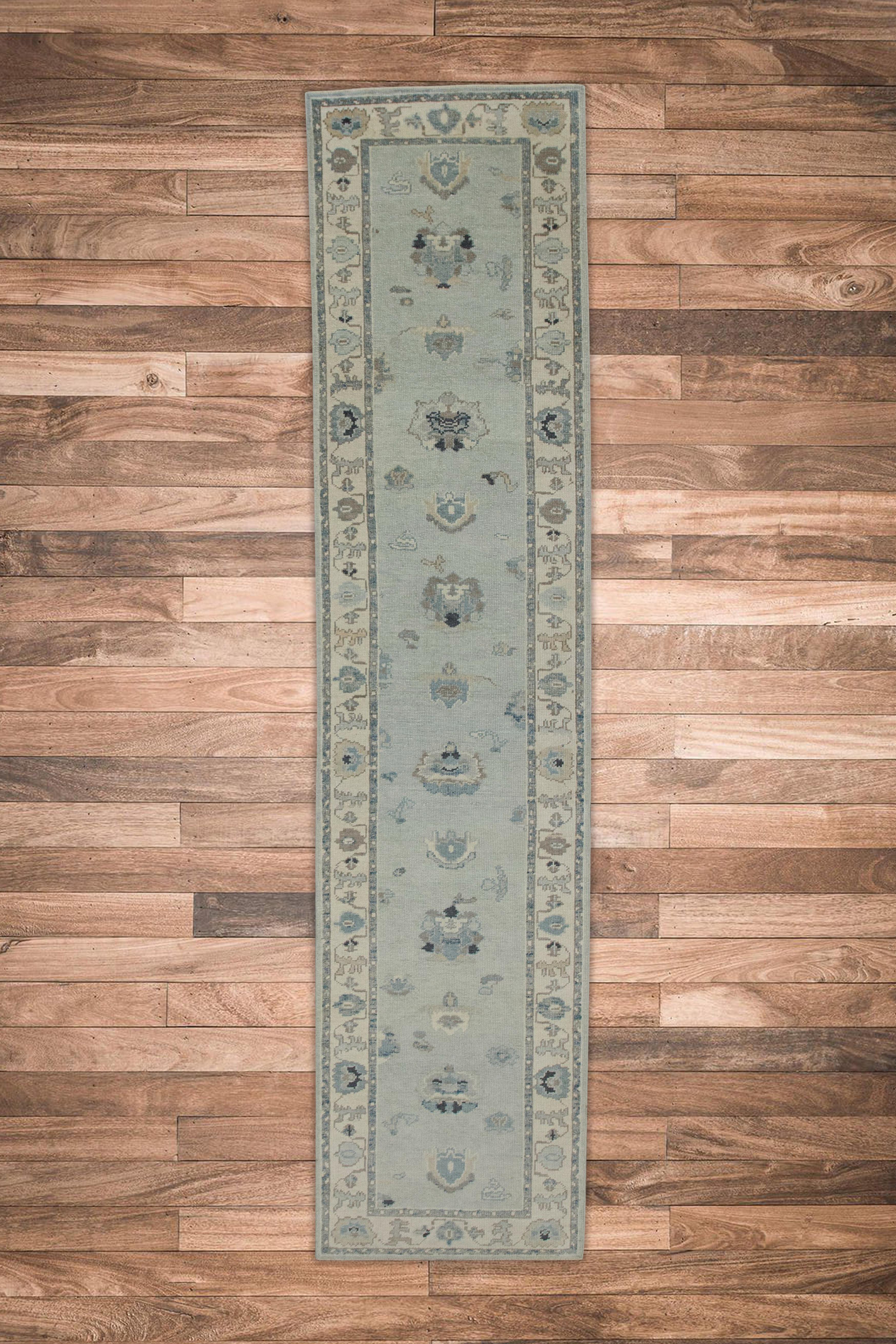 Alfombra turca Oushak Alfombra de lana tejida a mano con diseño floral azul 2'10