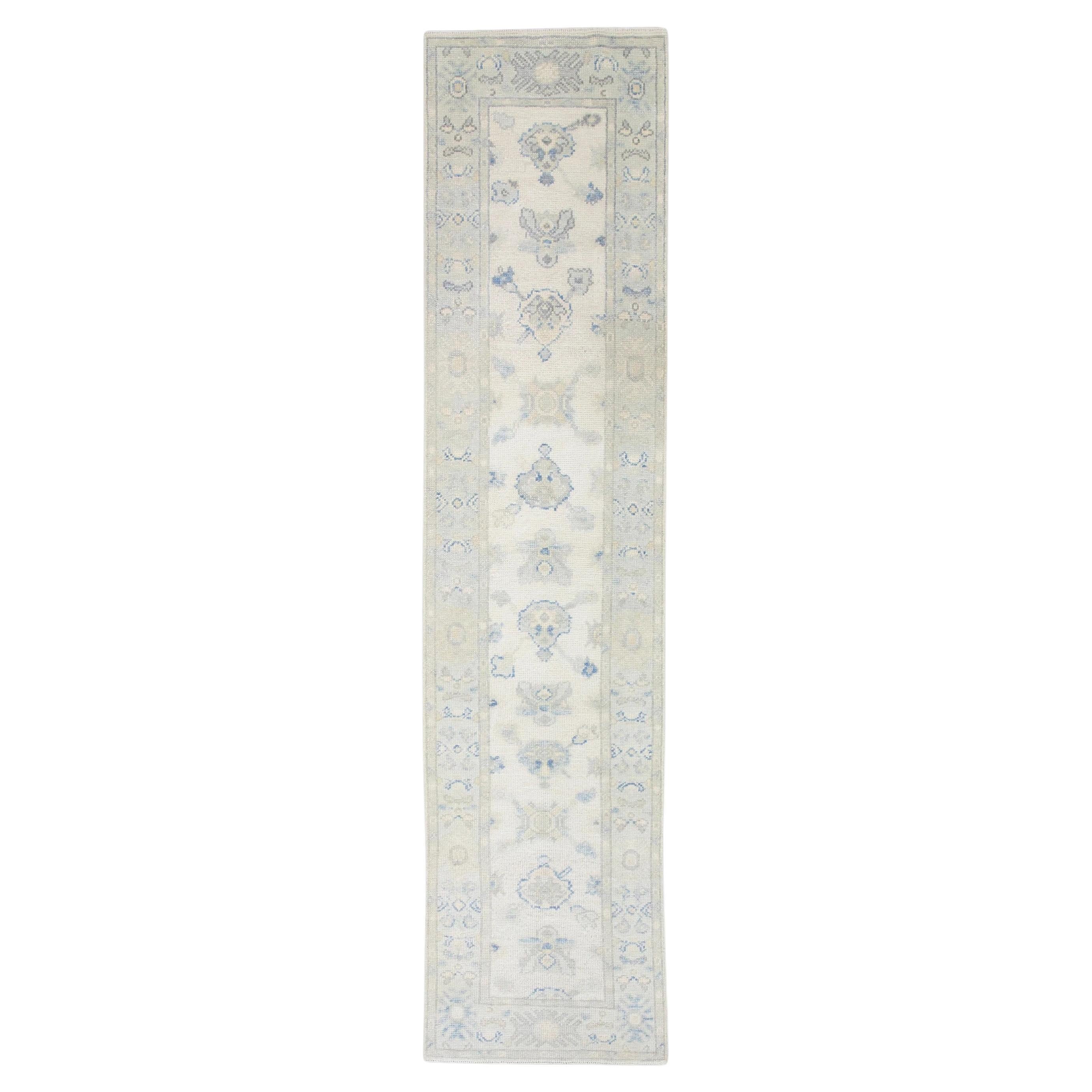 Turkish Oushak Runner Rug Blue & Green Floral Accents 2'5" x 9'6" For Sale