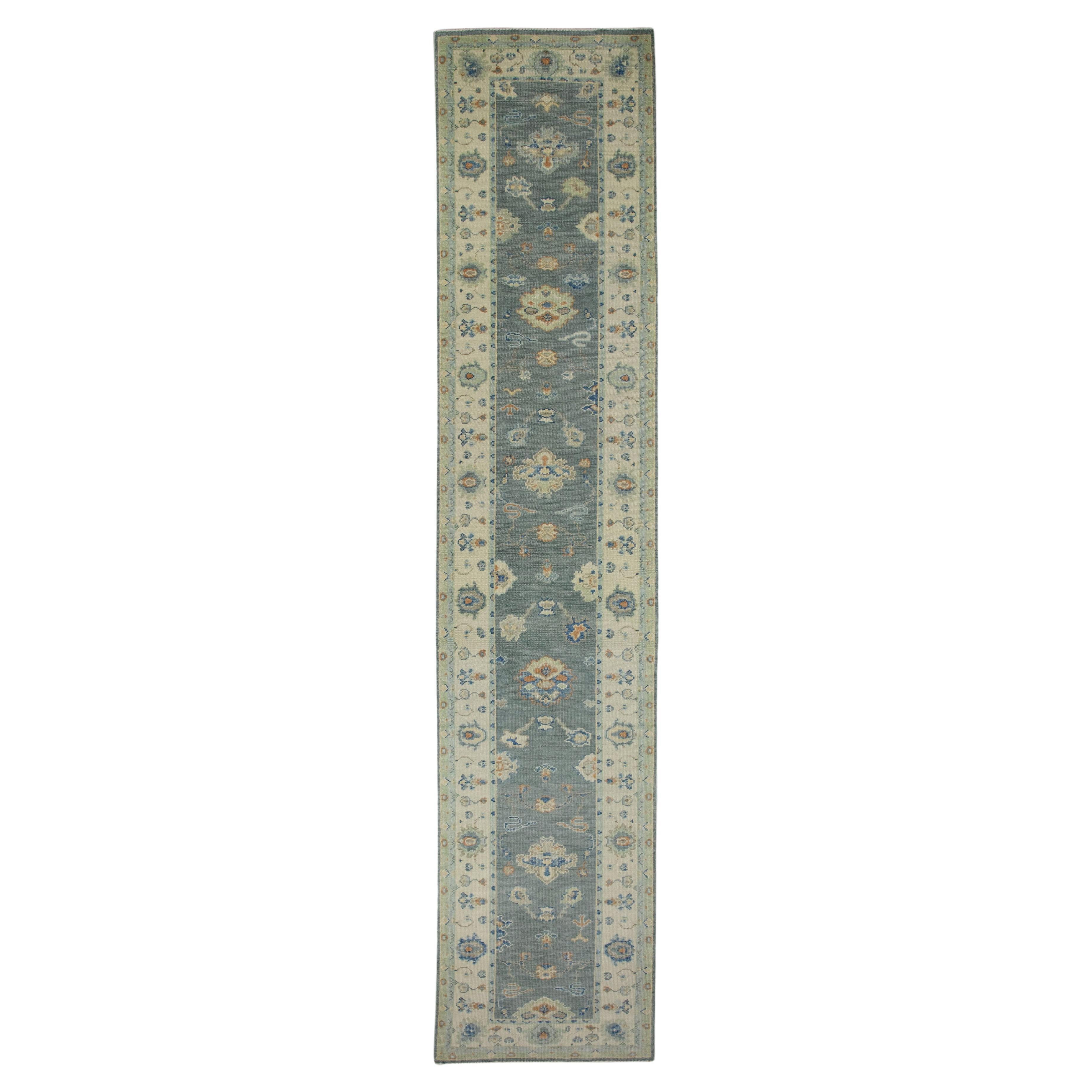 Turkish Oushak Runner Rug Blue & Green Handwoven Wool Rug  2'10" x 14'1"