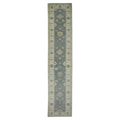 Turkish Oushak Runner Rug Blue & Green Handwoven Wool Rug  2'10" x 14'1"