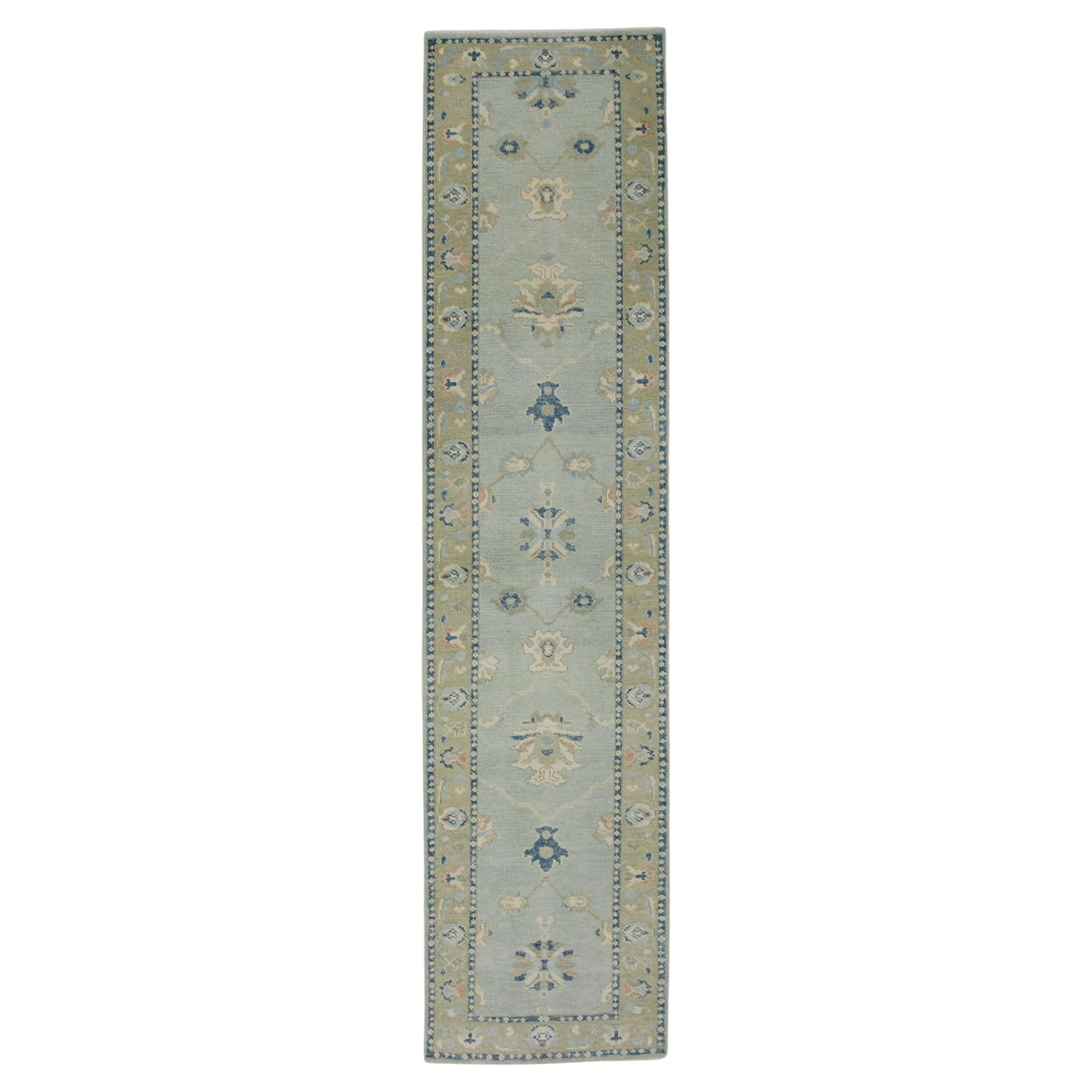 Turkish Oushak Runner Rug Blue & Green Handwoven Wool Rug 2'11" x 13'