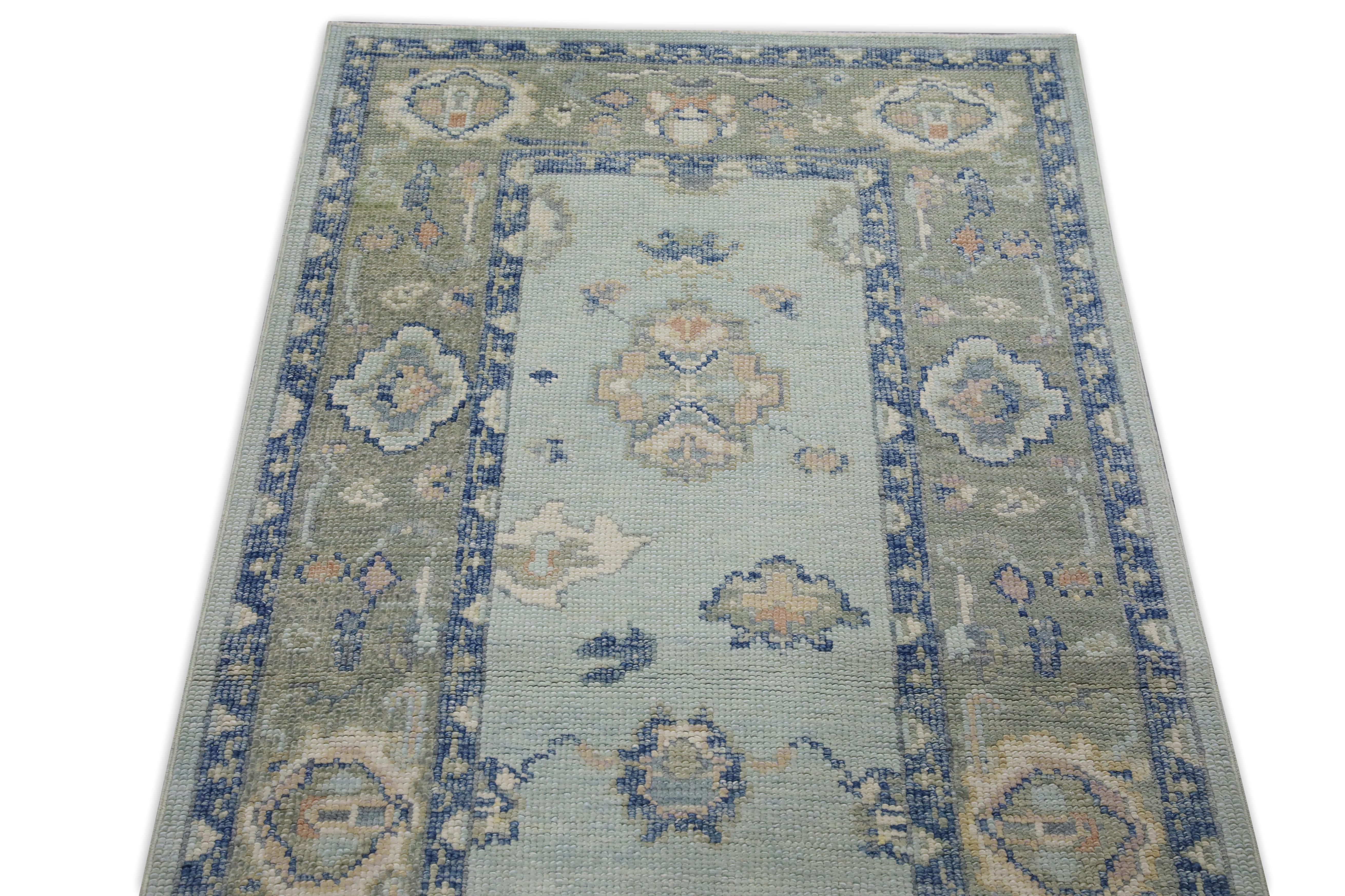 Türkischer Oushak-Läufer aus handgewebter Wolle in Blau & Grün 3' X 16'1