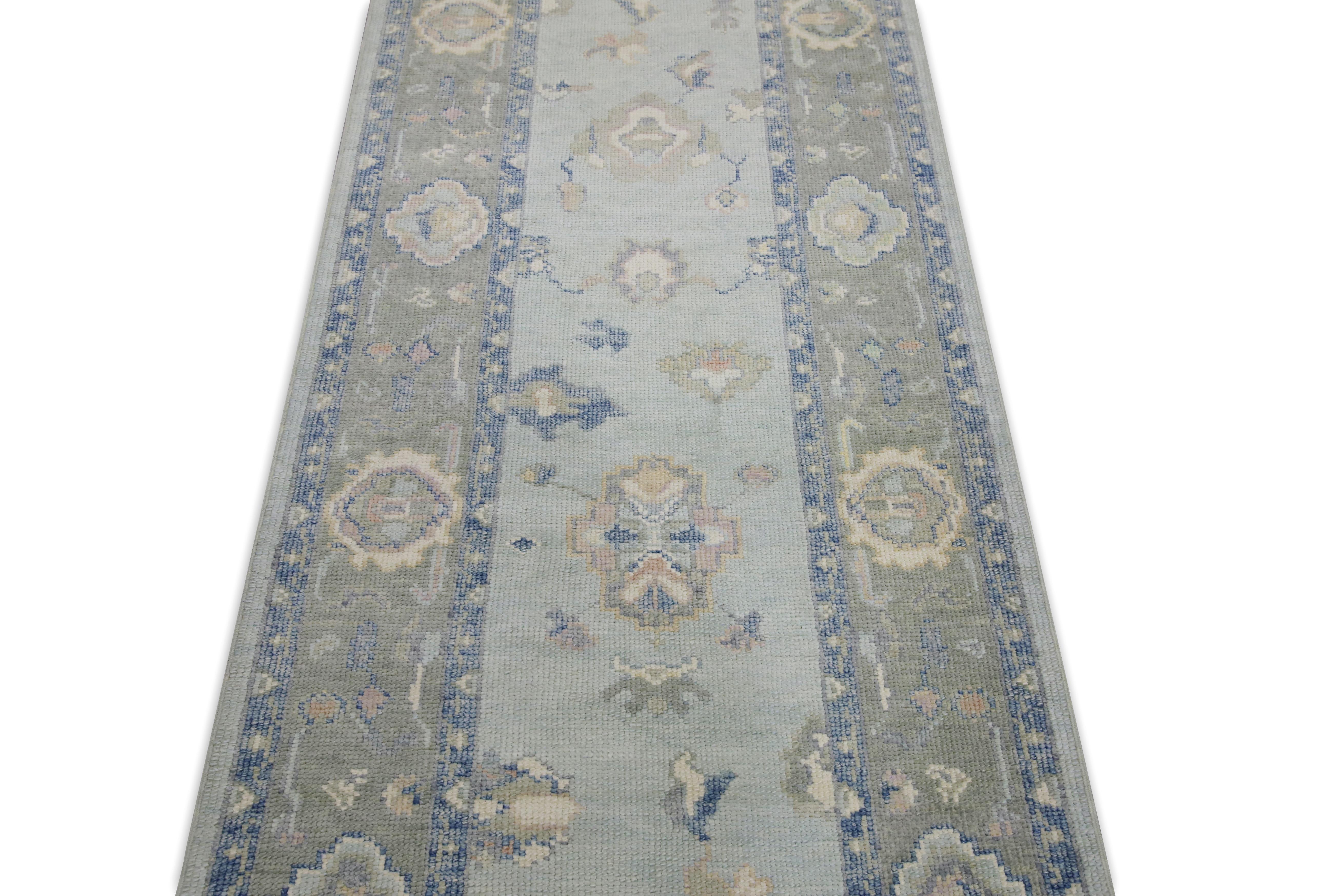 Türkischer Oushak-Läufer aus handgewebter Wolle in Blau & Grün 3' X 16'1