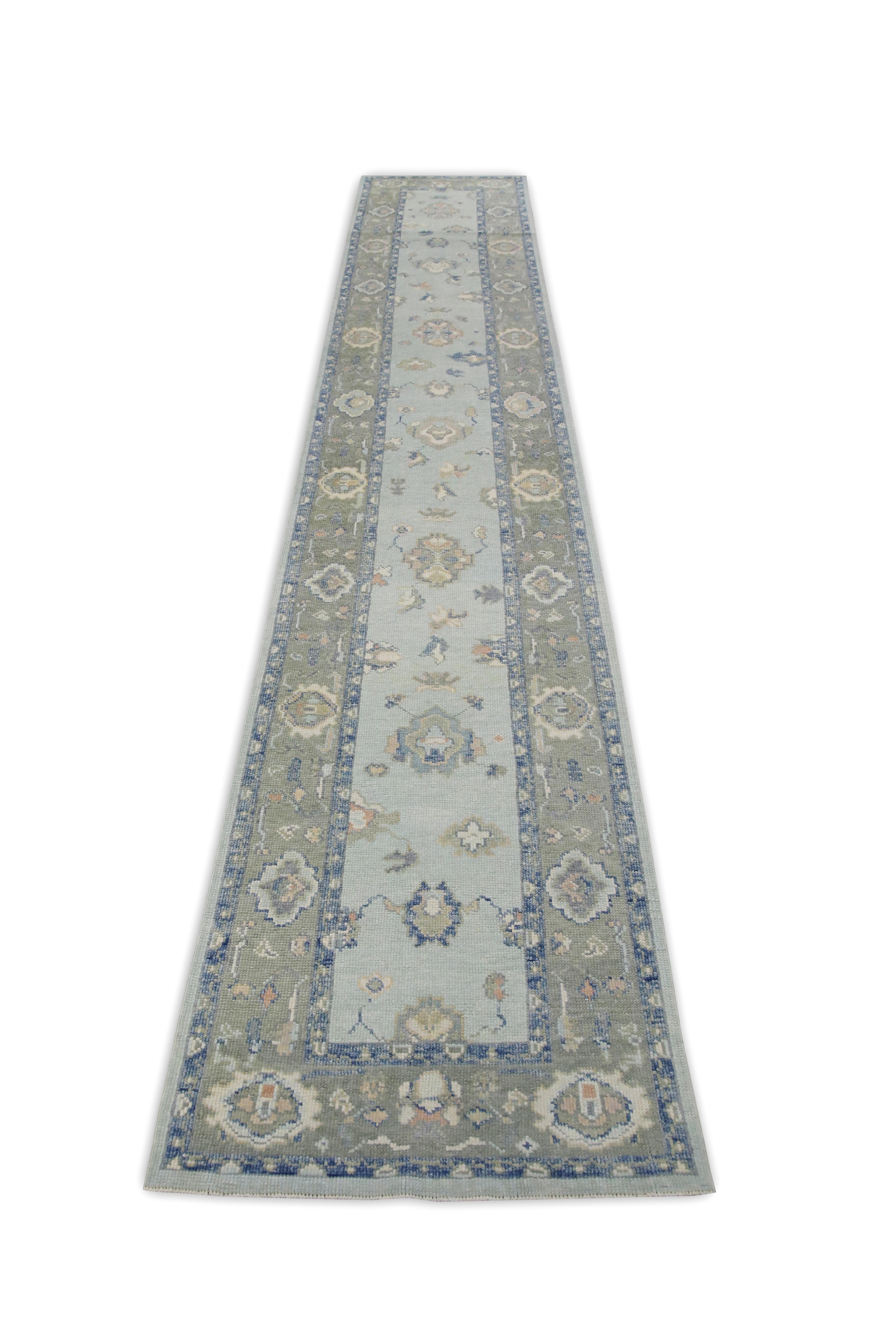 Türkischer Oushak-Läufer aus handgewebter Wolle in Blau & Grün 3' X 16'1